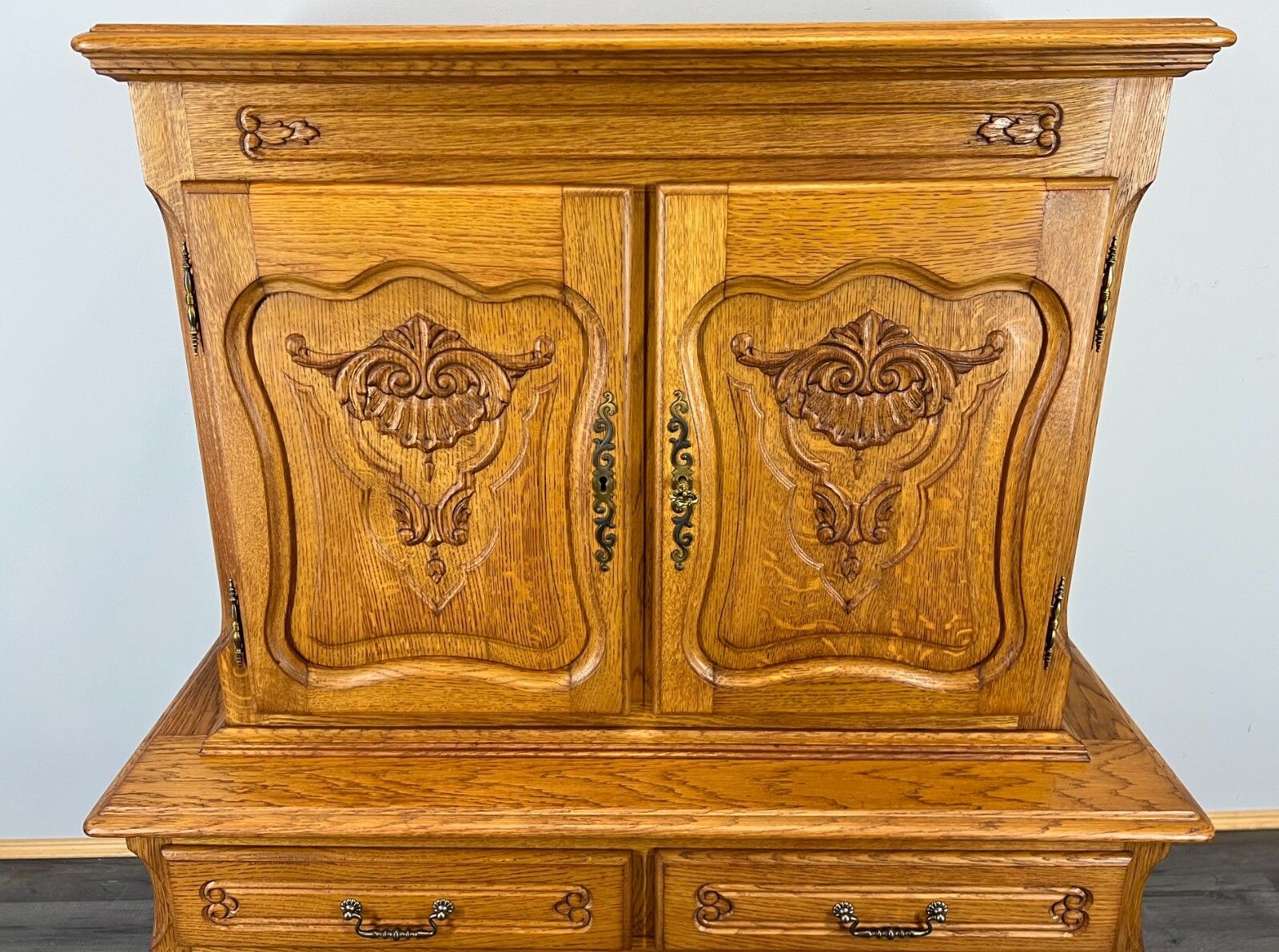French Style Oak Cabinet Cupboard Storage Drawers Carved Armoire Lot 3753 photo for sale
