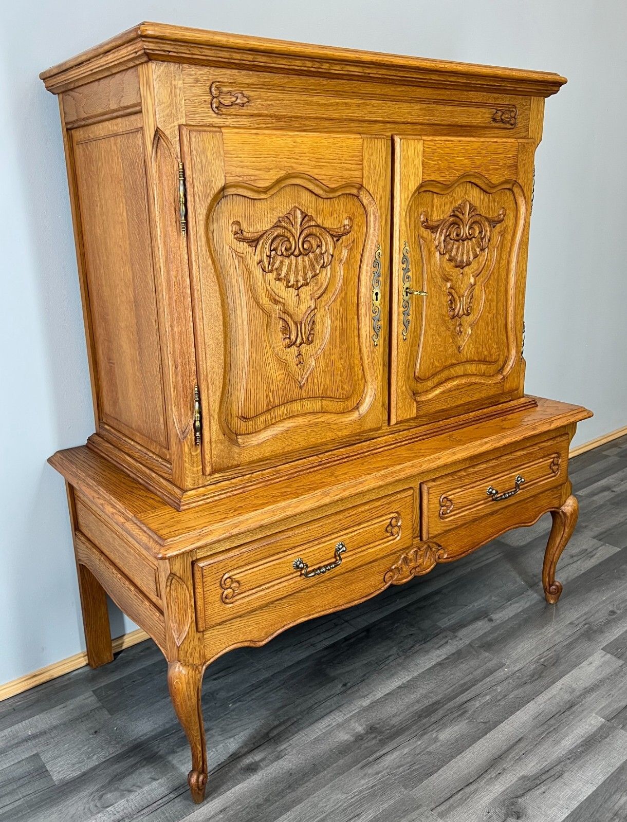 photo for sale French Style Oak Cabinet Cupboard Storage Drawers Carved Armoire Lot 3753