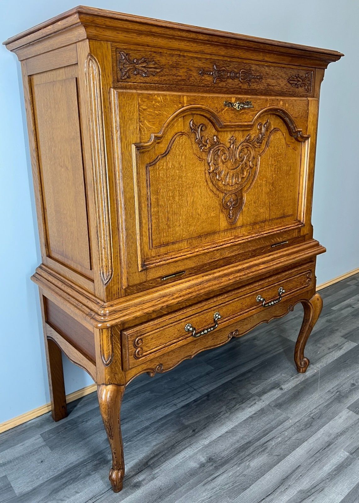 French Style Oak Cabinet Cupboard Storage Drawers Carved Armoire Lot 3757 photo vintage