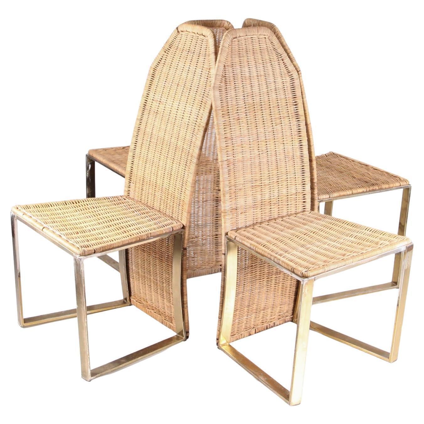 Set Of 4 Vintage Chairs In Gold Metal And Wicker