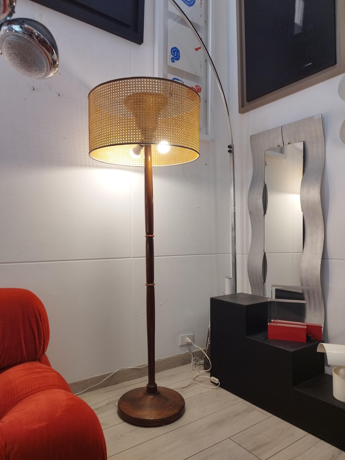 Wood Floor Lamp With Vienna Straw Lampshade, Italy 1950s photo vinterior
