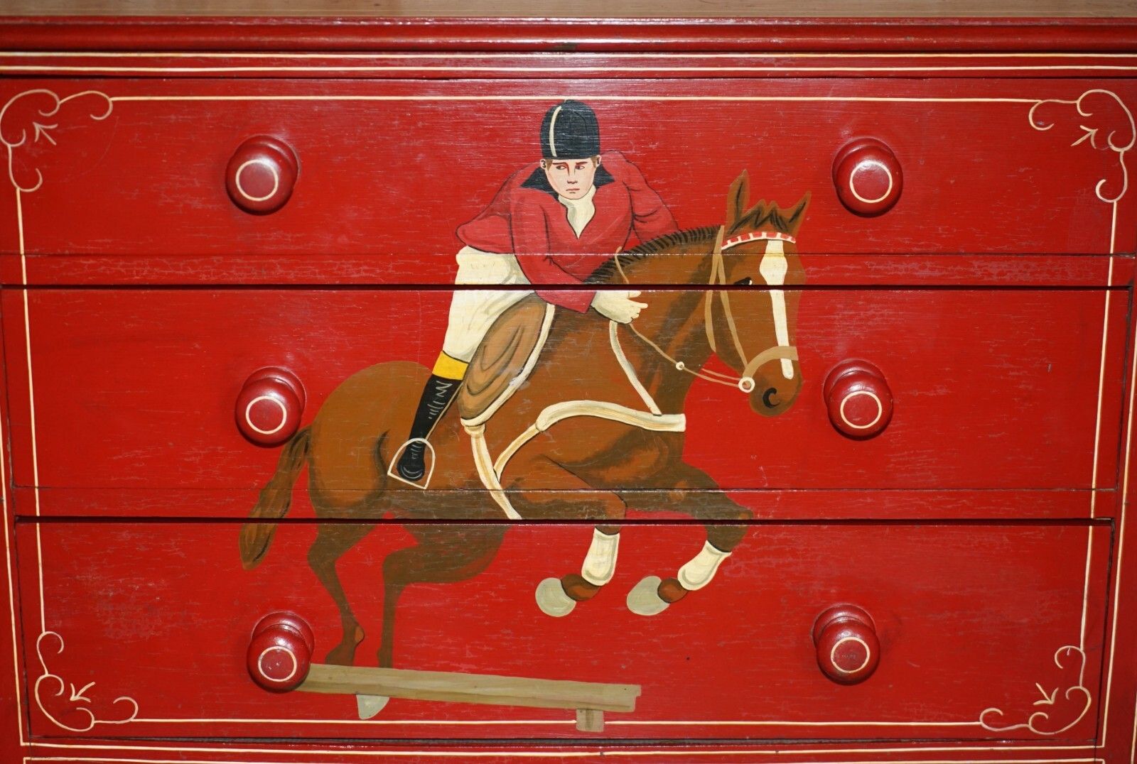 Equestrian Antique Victorian Pine Hand Painted Horse & Jockey Chest Of Drawers photo vinterior