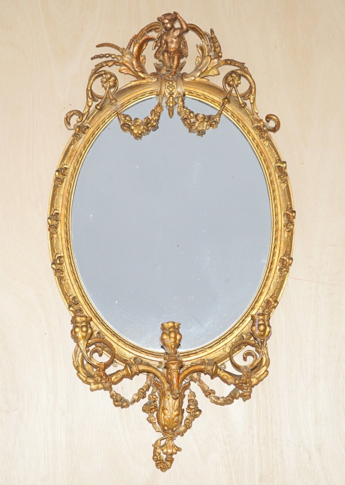 Original Circa 1800 Gold Gilt Frame Girandole Mirror Carved Cherub Putti Angel photo furniture