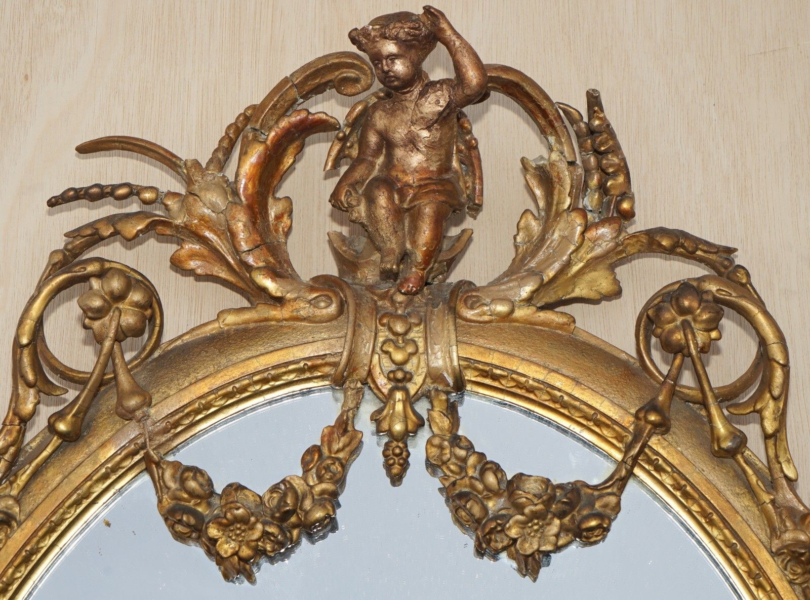 Original Circa 1800 Gold Gilt Frame Girandole Mirror Carved Cherub Putti Angel photo Home Decor