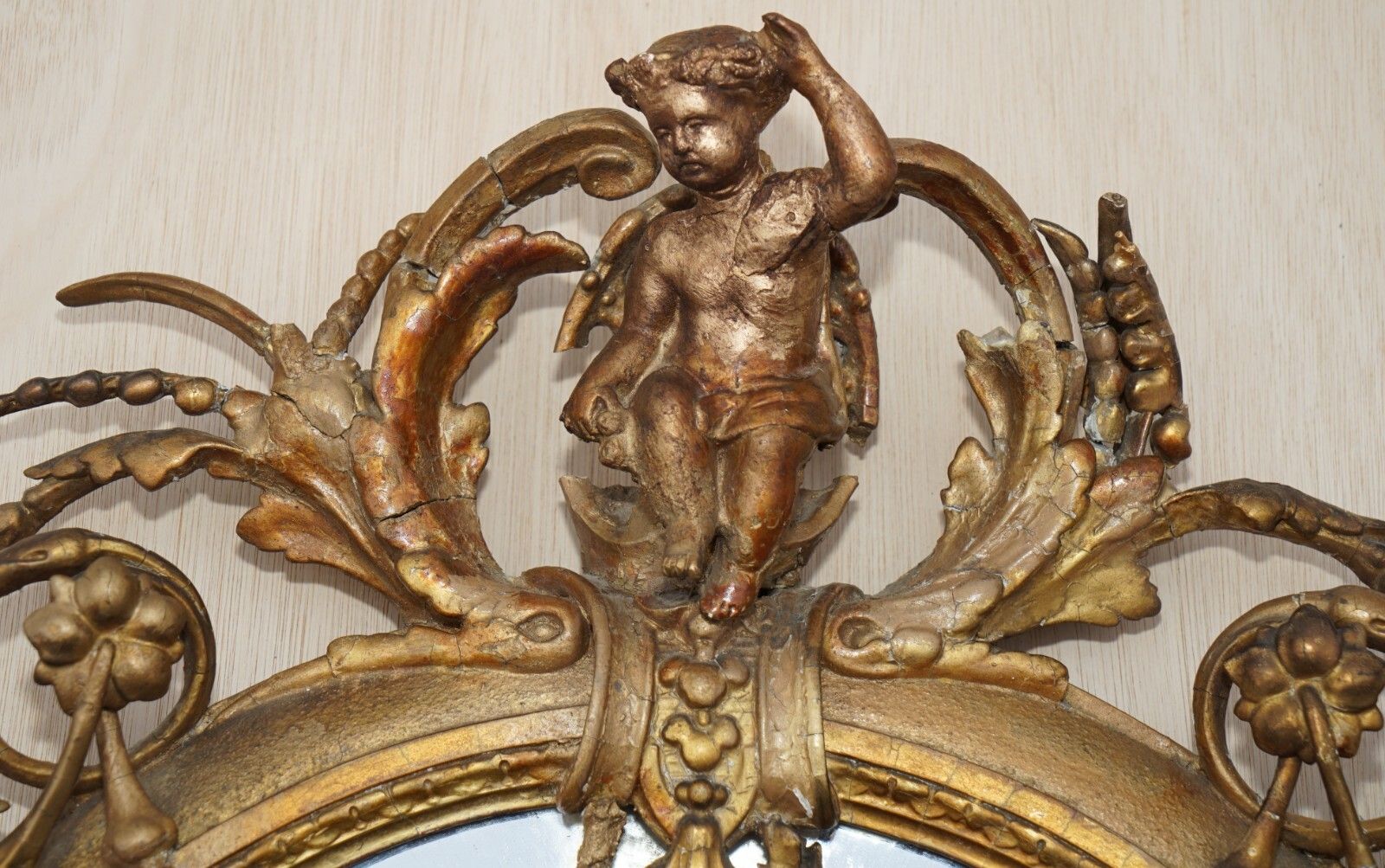 Original Circa 1800 Gold Gilt Frame Girandole Mirror Carved Cherub Putti Angel photo 2450.0