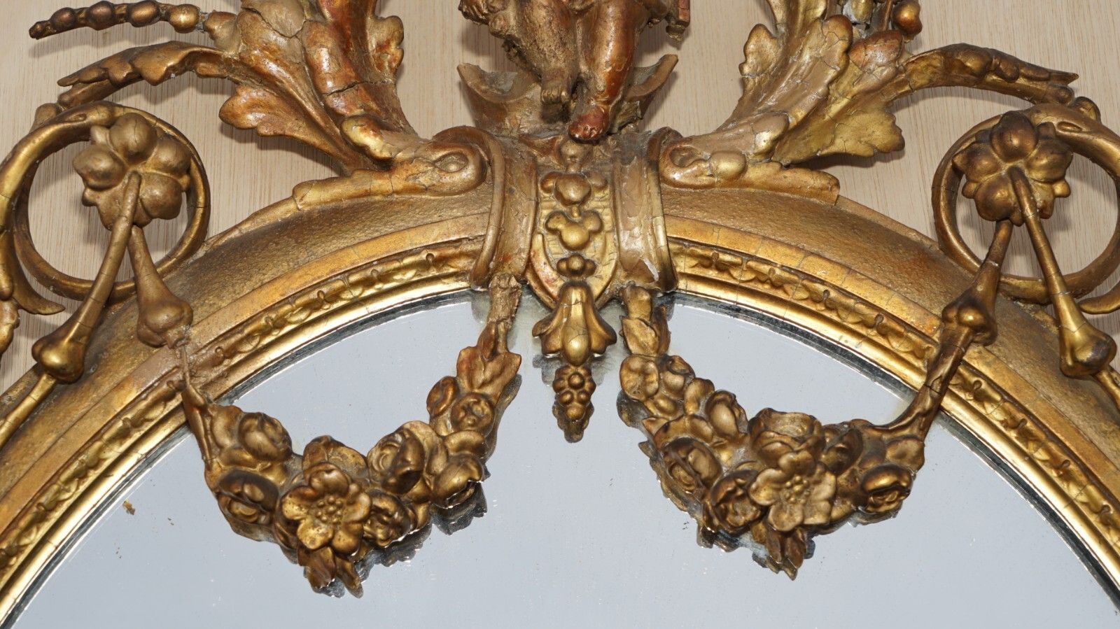 Original Circa 1800 Gold Gilt Frame Girandole Mirror Carved Cherub Putti Angel photo vinterior