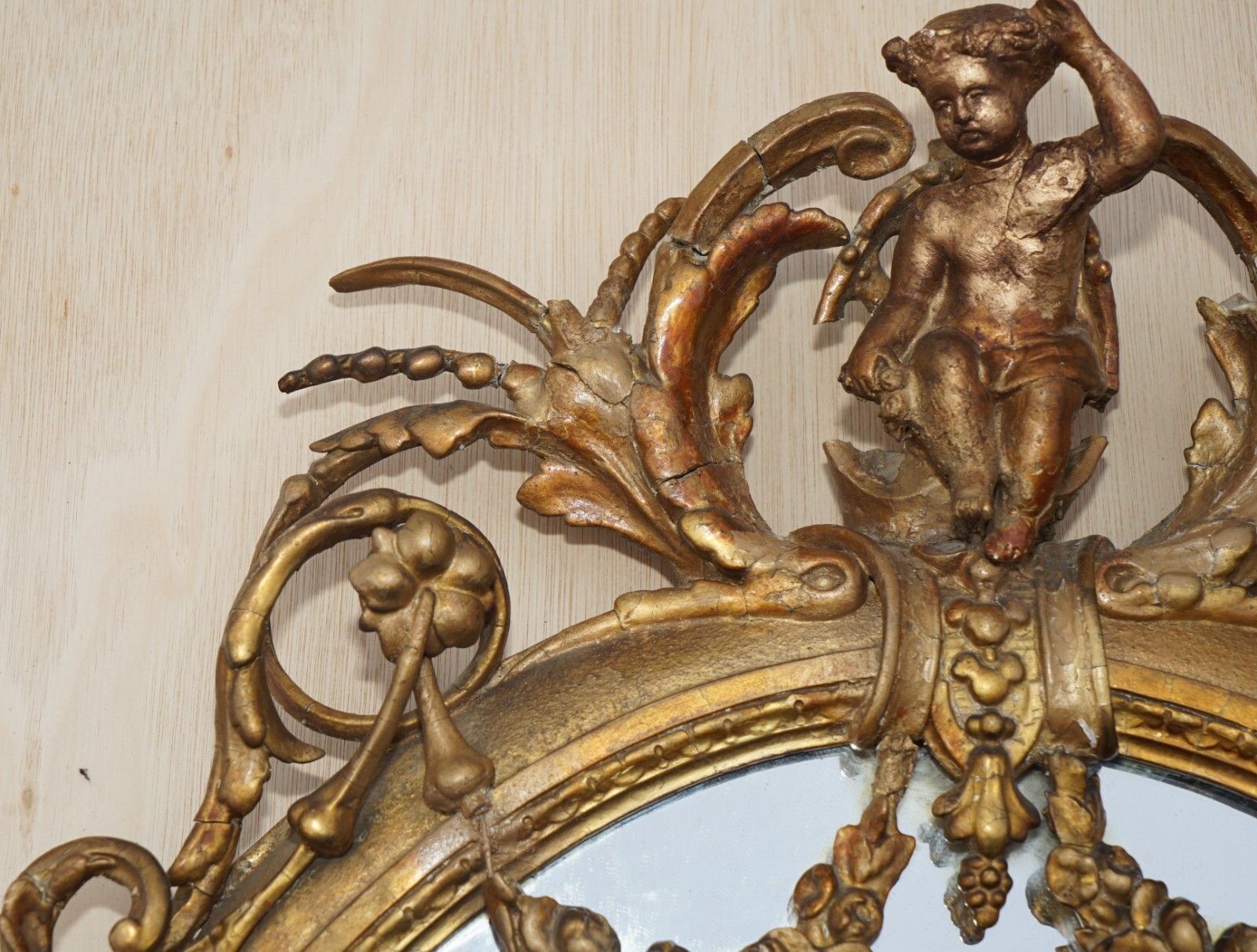 Original Circa 1800 Gold Gilt Frame Girandole Mirror Carved Cherub Putti Angel photo buy