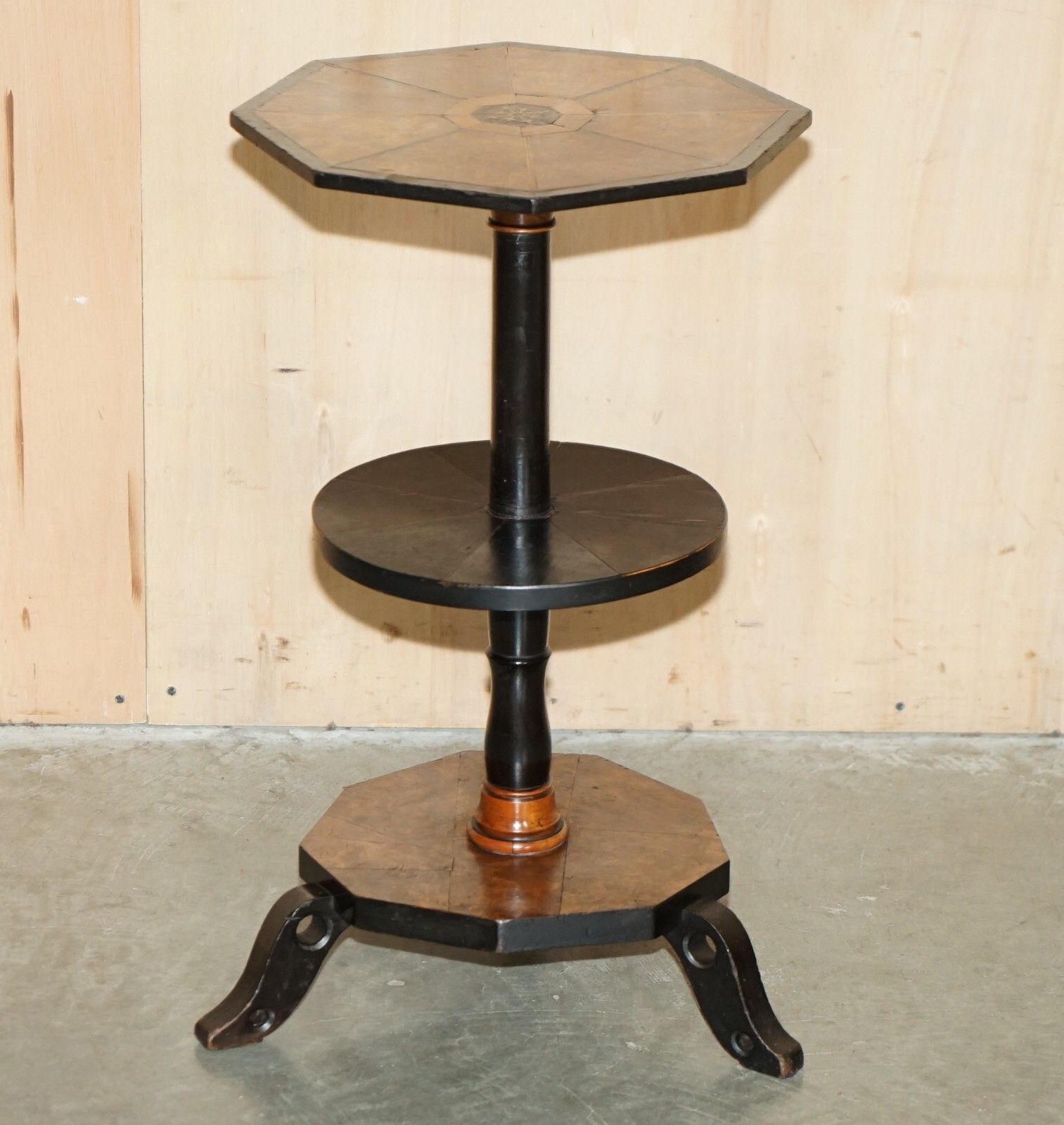 Exquisite Antique Victorian Hexagonal Burr Walnut Three Tiered Side End Table photo furniture