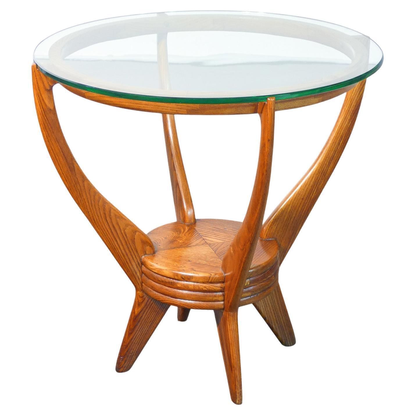 Italian Design Coffee Table From 1940s, Made Of Wood And Circular Glass Top