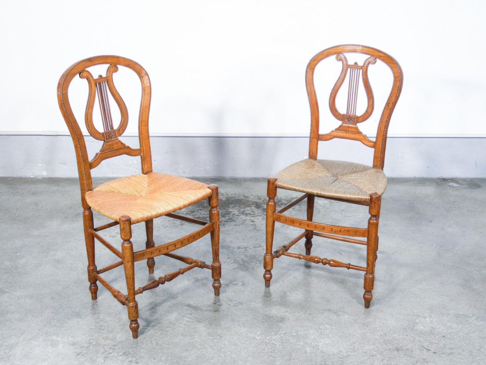 Pair Of Cherry Wood Chairs With Lyre Shaped Back And Straw Seat, Early 20th photo furniture