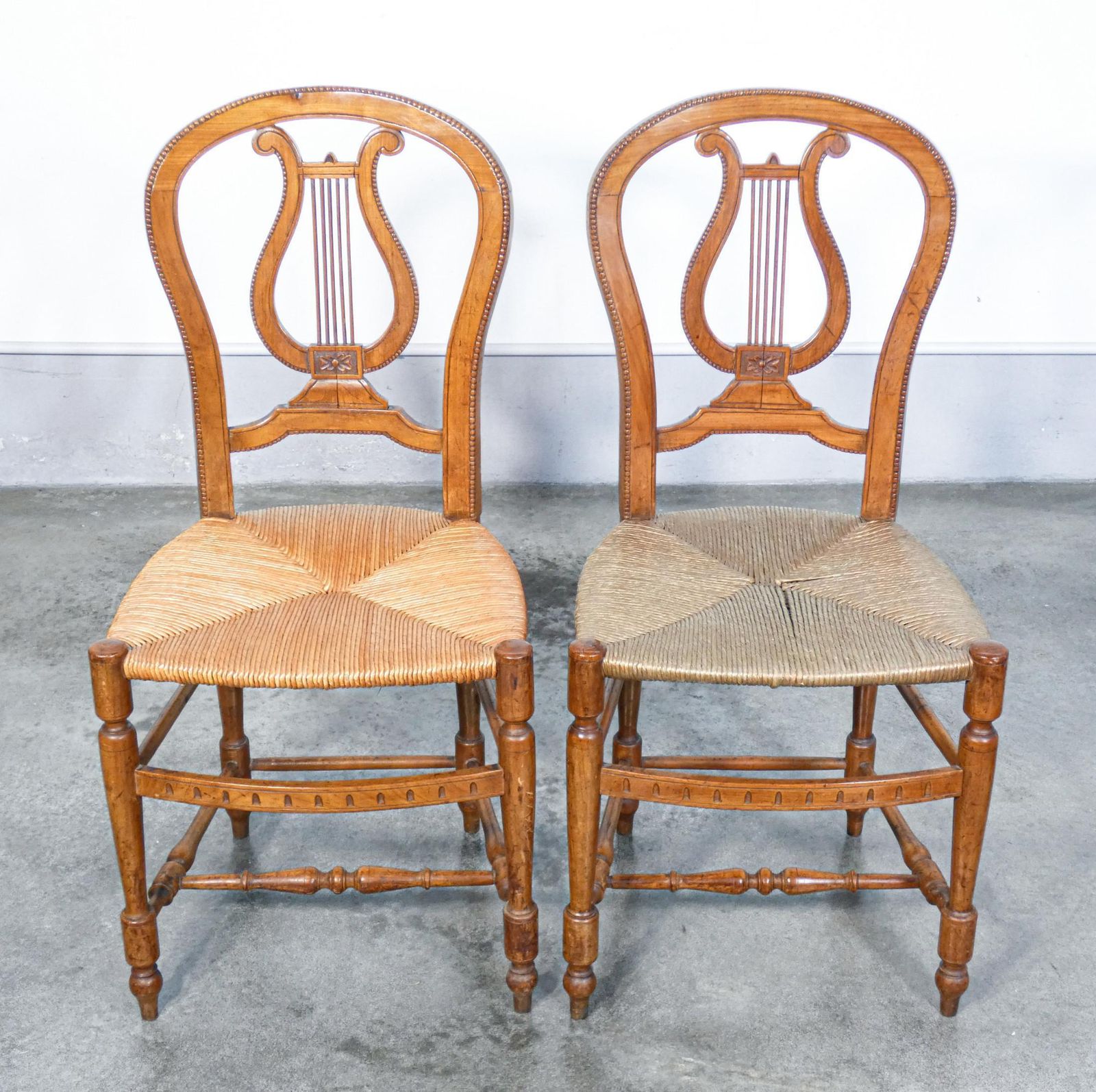 Pair Of Cherry Wood Chairs With Lyre Shaped Back And Straw Seat, Early 20th photo for sale