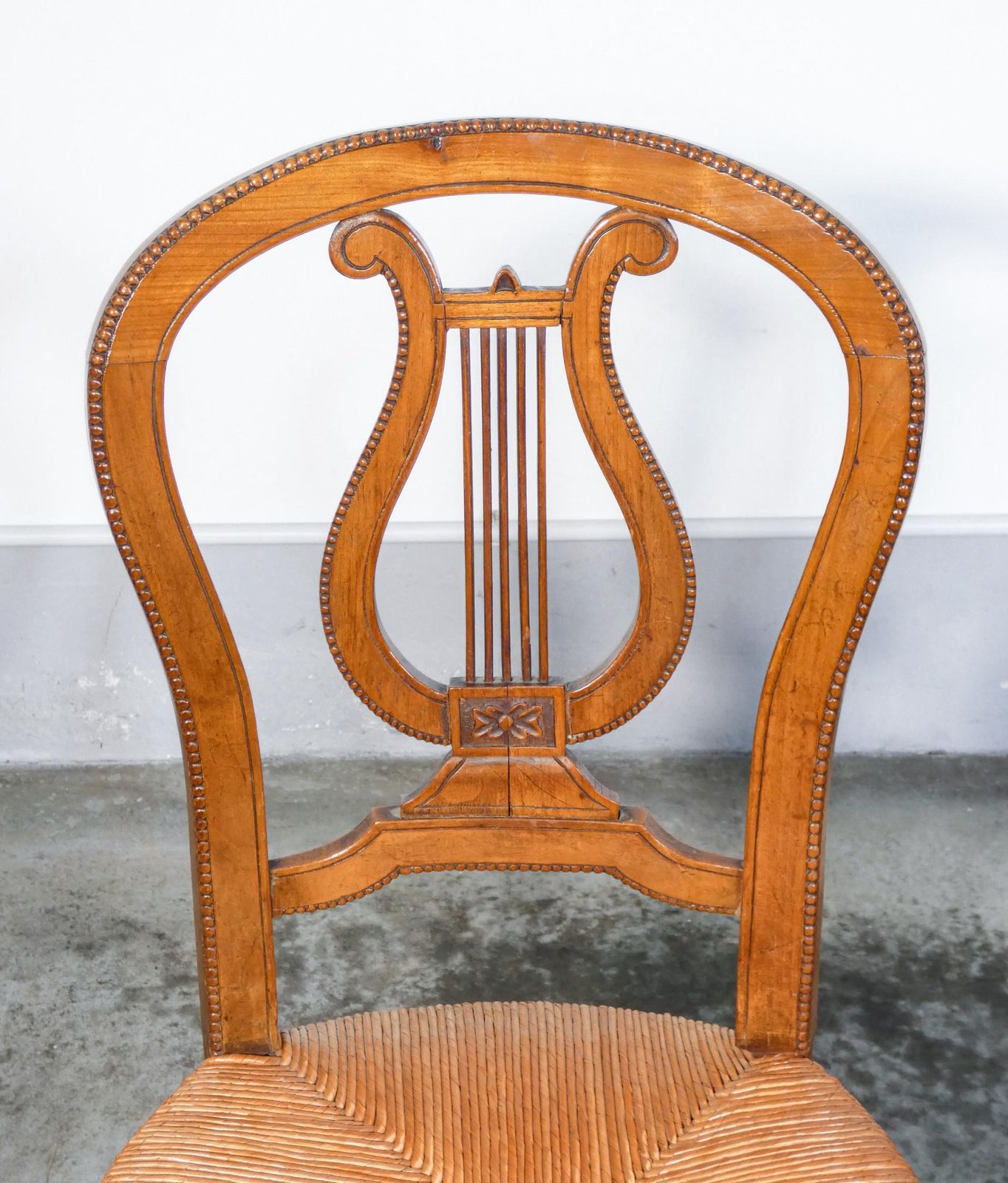 Pair Of Cherry Wood Chairs With Lyre Shaped Back And Straw Seat, Early 20th photo 682.0
