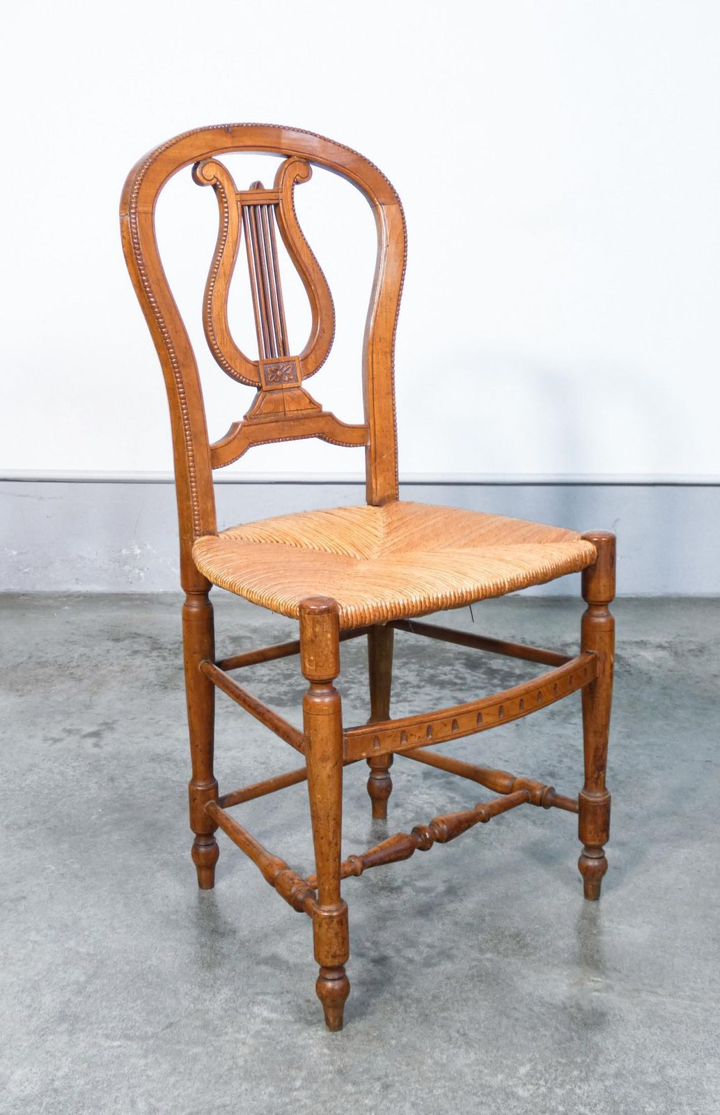 Pair Of Cherry Wood Chairs With Lyre Shaped Back And Straw Seat, Early 20th photo buy