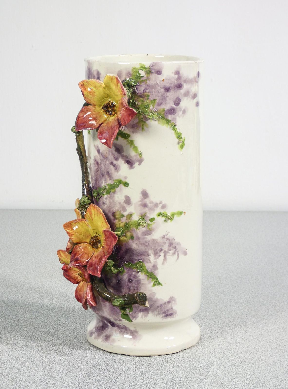 Pair Of Barbotine Ceramic Vases, Decorated With Flowers And Leaves. France, 1930s photo Home Decor