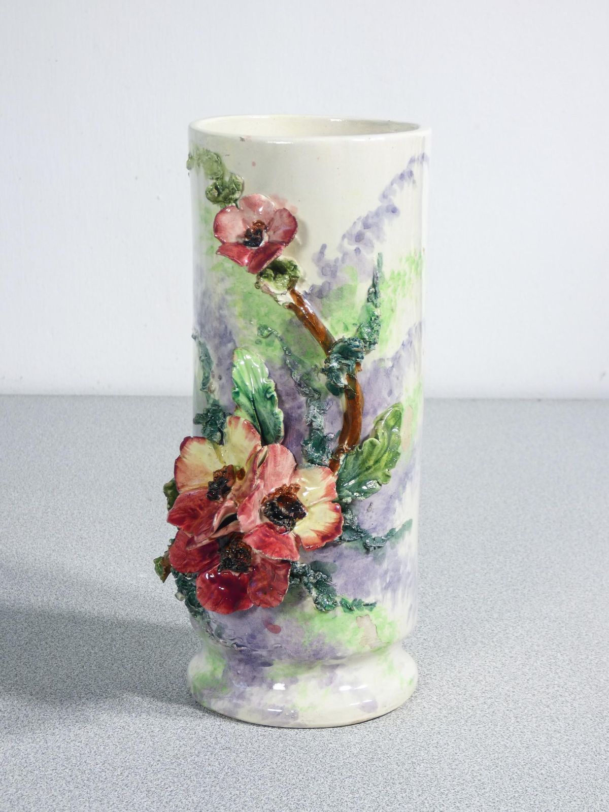 photo furniture Pair Of Barbotine Ceramic Vases, Decorated With Flowers And Leaves. France, 1930s