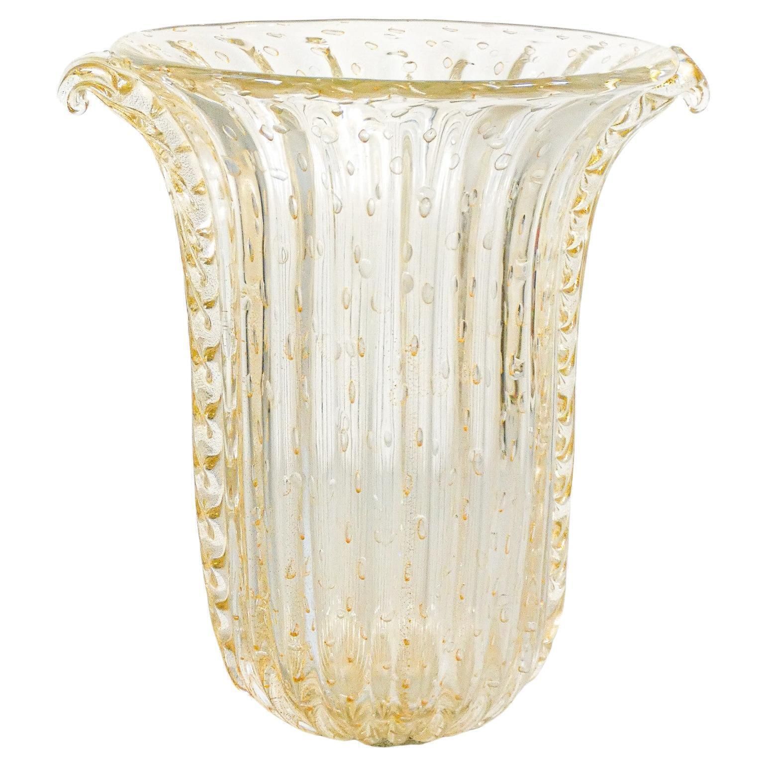 Toso Murano Design Vase, Transparent Blown Glass Bullicant, Corded
