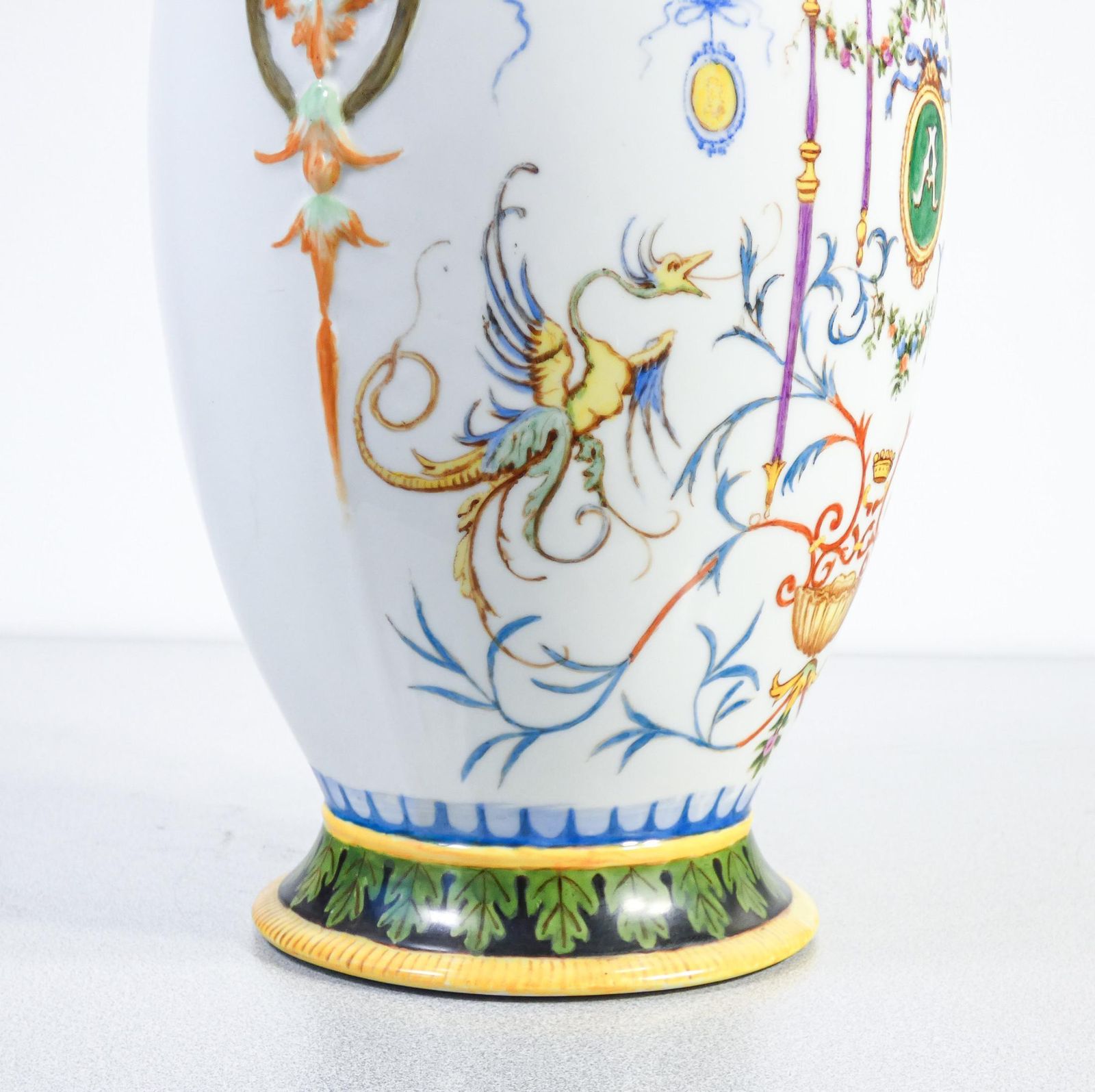 Pair Of Painted Ceramic Vases With Grotesques, Carvings On Handles. 1887 photo buy