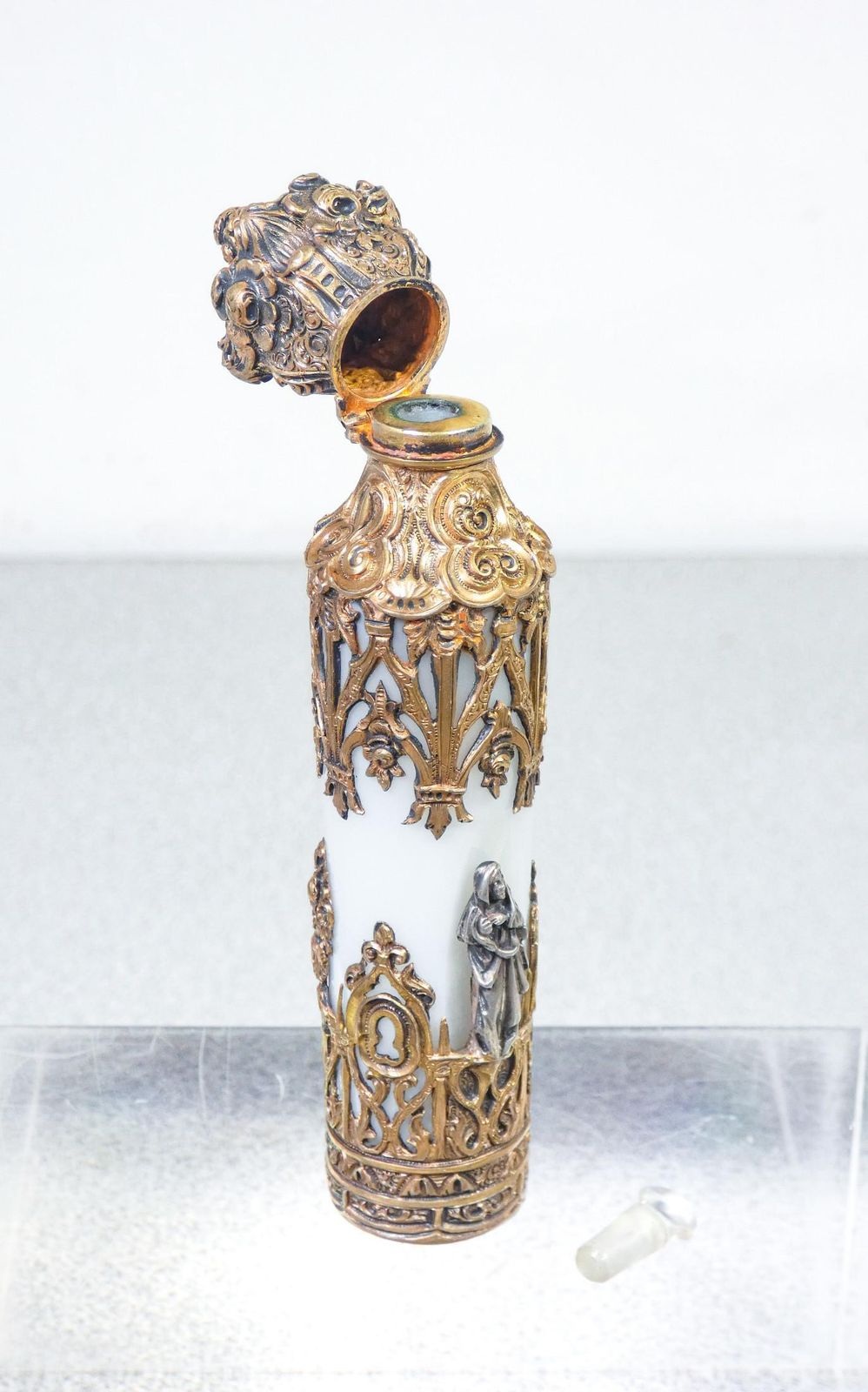 photo for sale Perfume Holder Vial In Neo Gothic Style, Vermeil Silver, Opaline Glass, 19th C