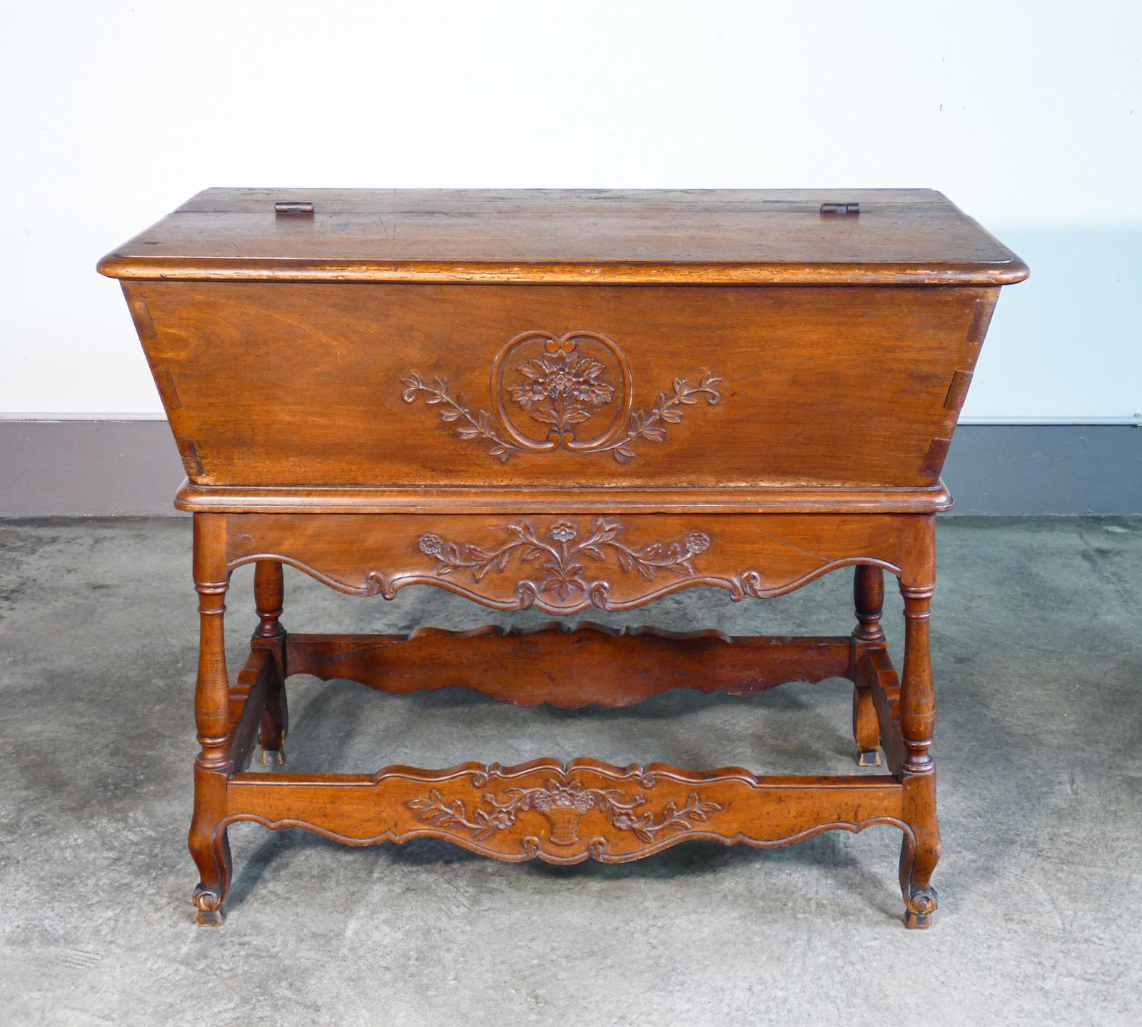 Vintage Solid Walnut Wood Sideboard Decorated In Bas Relief. Early 19th Century photo for sale