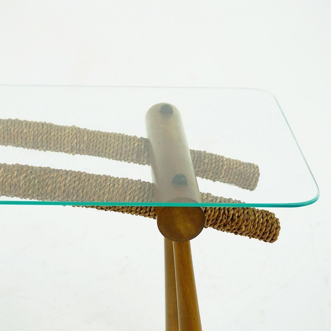 Austrian Midcentury Beechwood Side Table With Cord And Glass Top By Max Kment photo Furniture