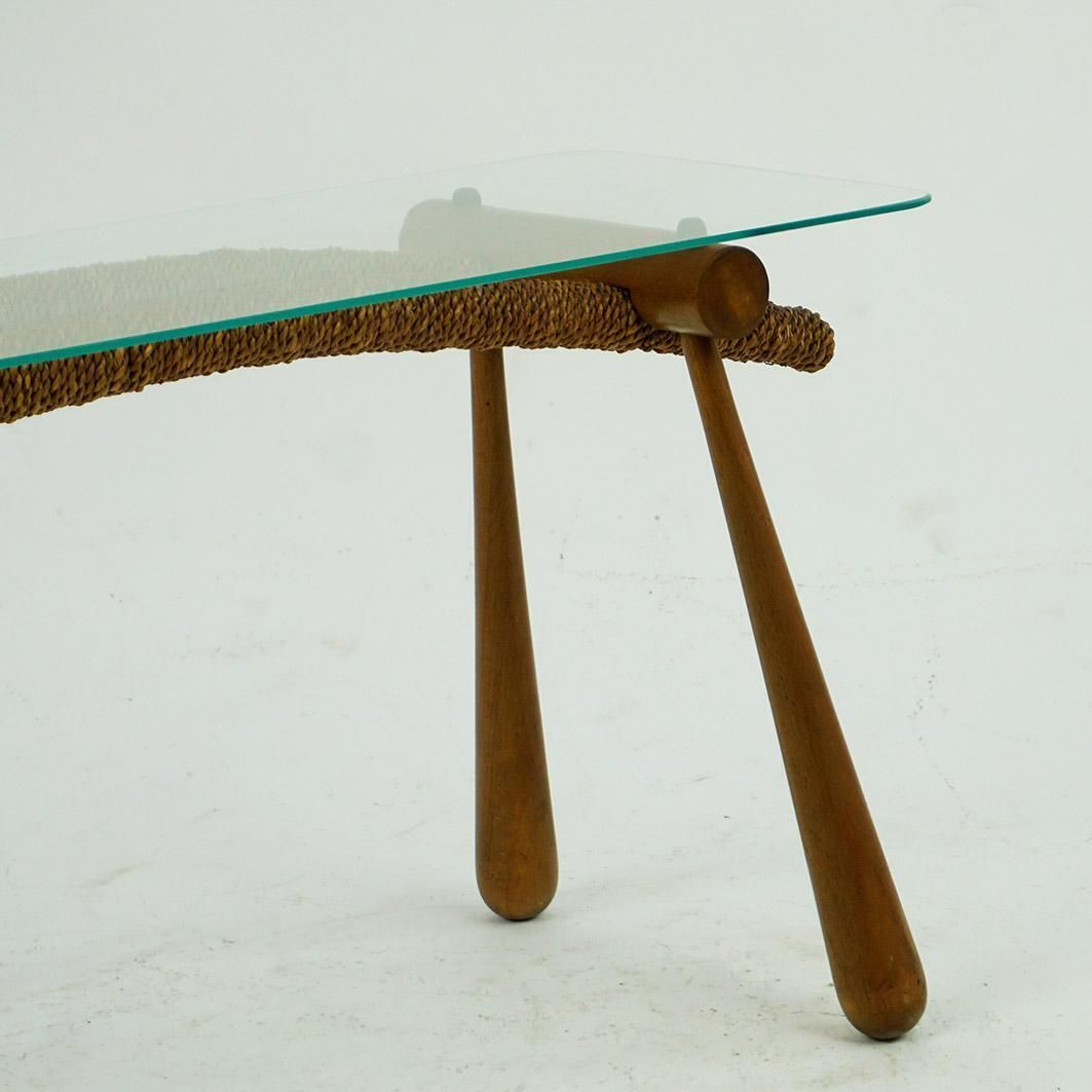 Austrian Midcentury Beechwood Side Table With Cord And Glass Top By Max Kment photo vinterior