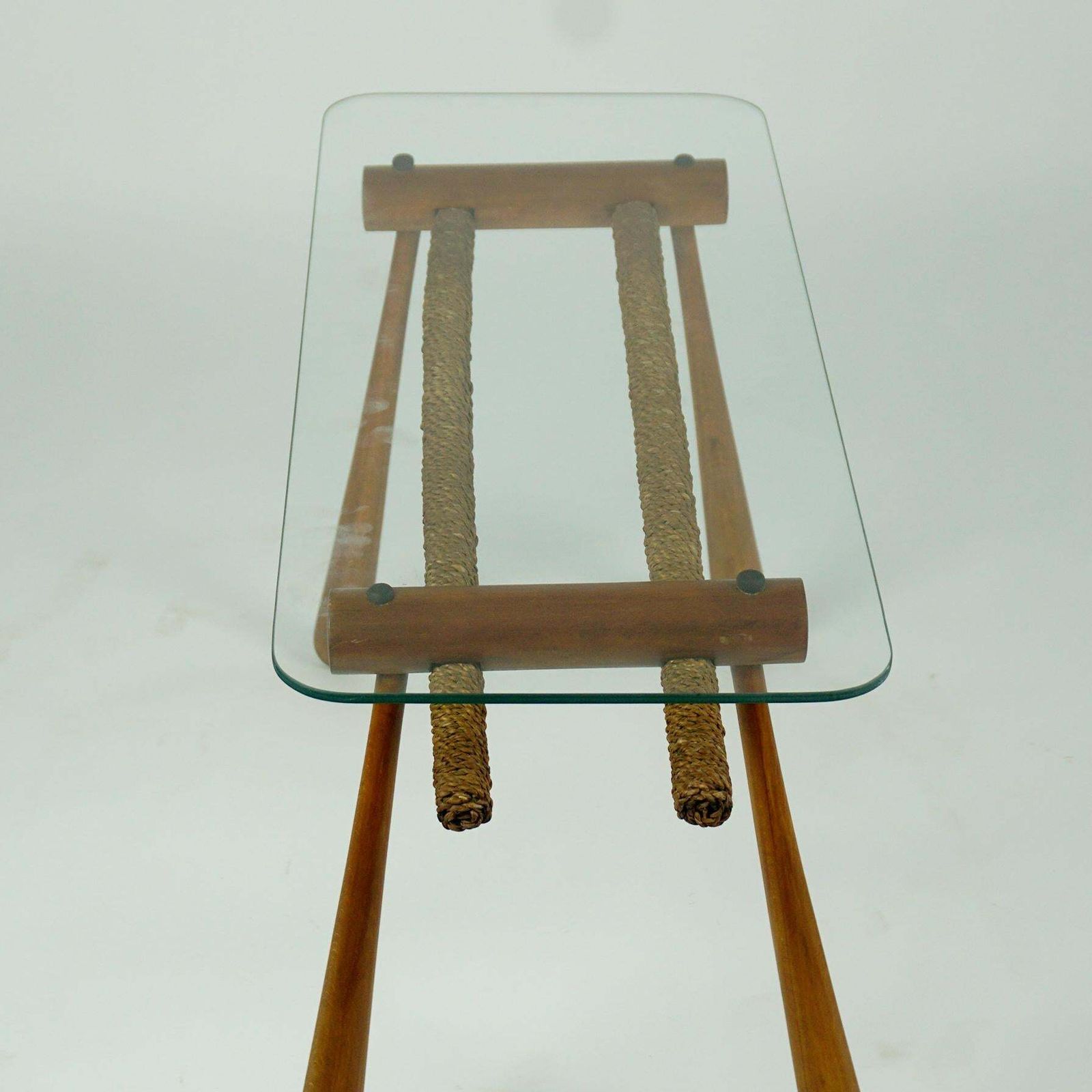 Austrian Midcentury Beechwood Side Table With Cord And Glass Top By Max Kment photo vinterior