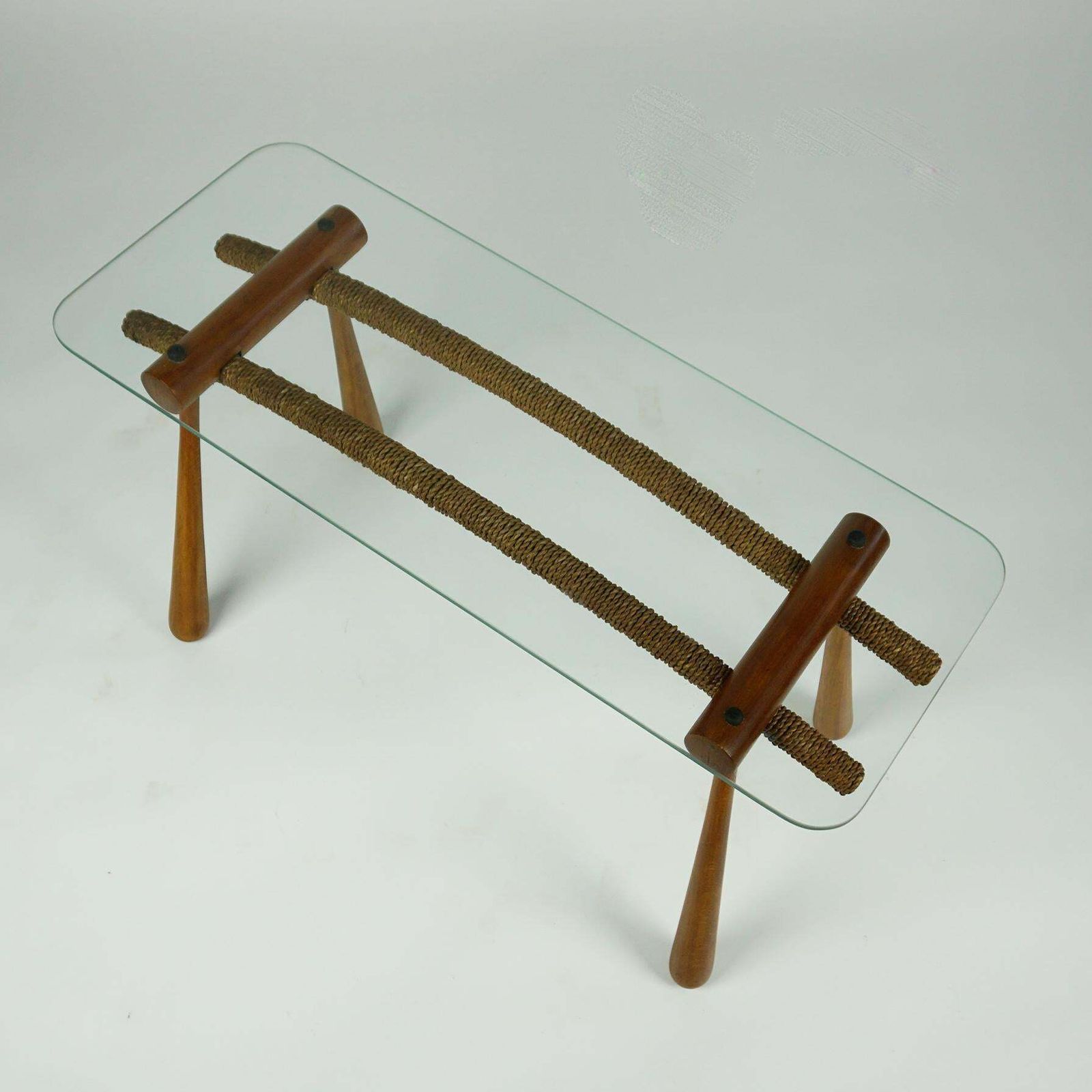 Austrian Midcentury Beechwood Side Table With Cord And Glass Top By Max Kment photo vintage