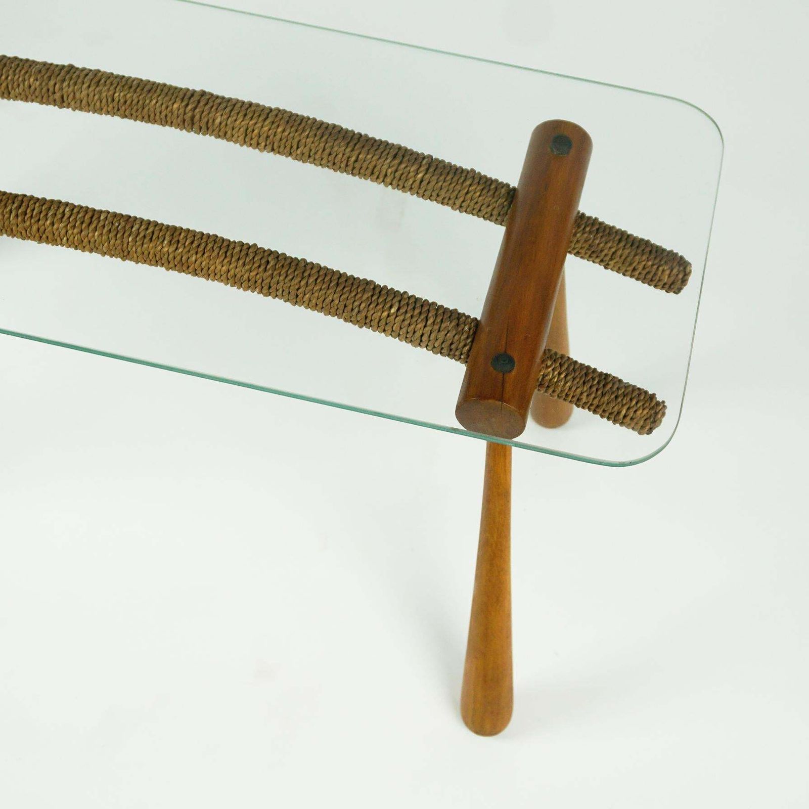 photo for sale Austrian Midcentury Beechwood Side Table With Cord And Glass Top By Max Kment