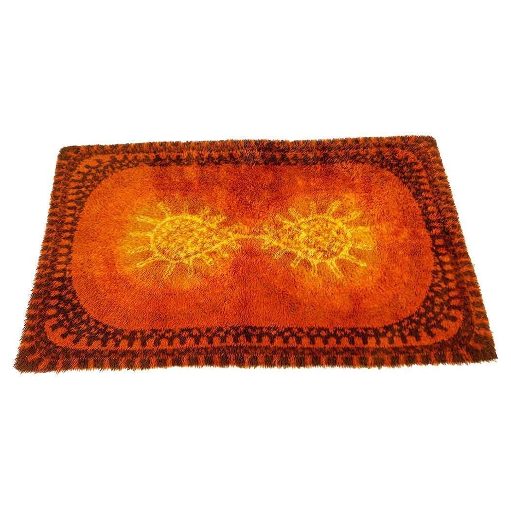 Scandinavian Modern Danish Orange And Yellow Wool Rya Rug