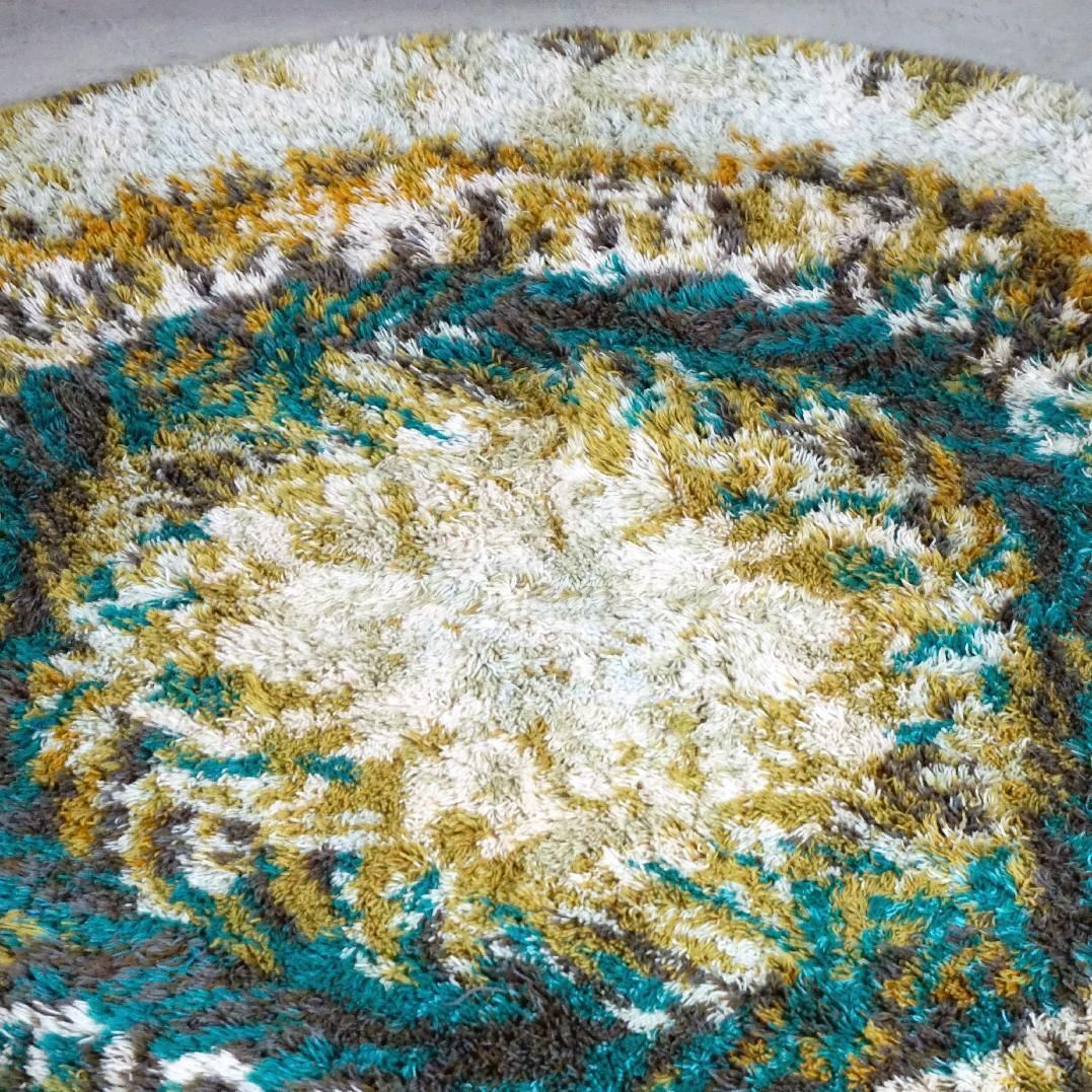 Vintage Circular Beige, Brown And Turquoise Wool Rya Rug photo for sale