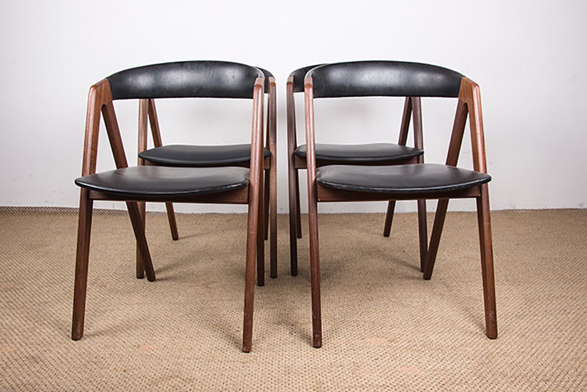 Set Of 4 Danish Chairs In Afrormosia And Skai Model 205 By Thomas Harlev For Farstrup Stolefabrik 1958. photo buy