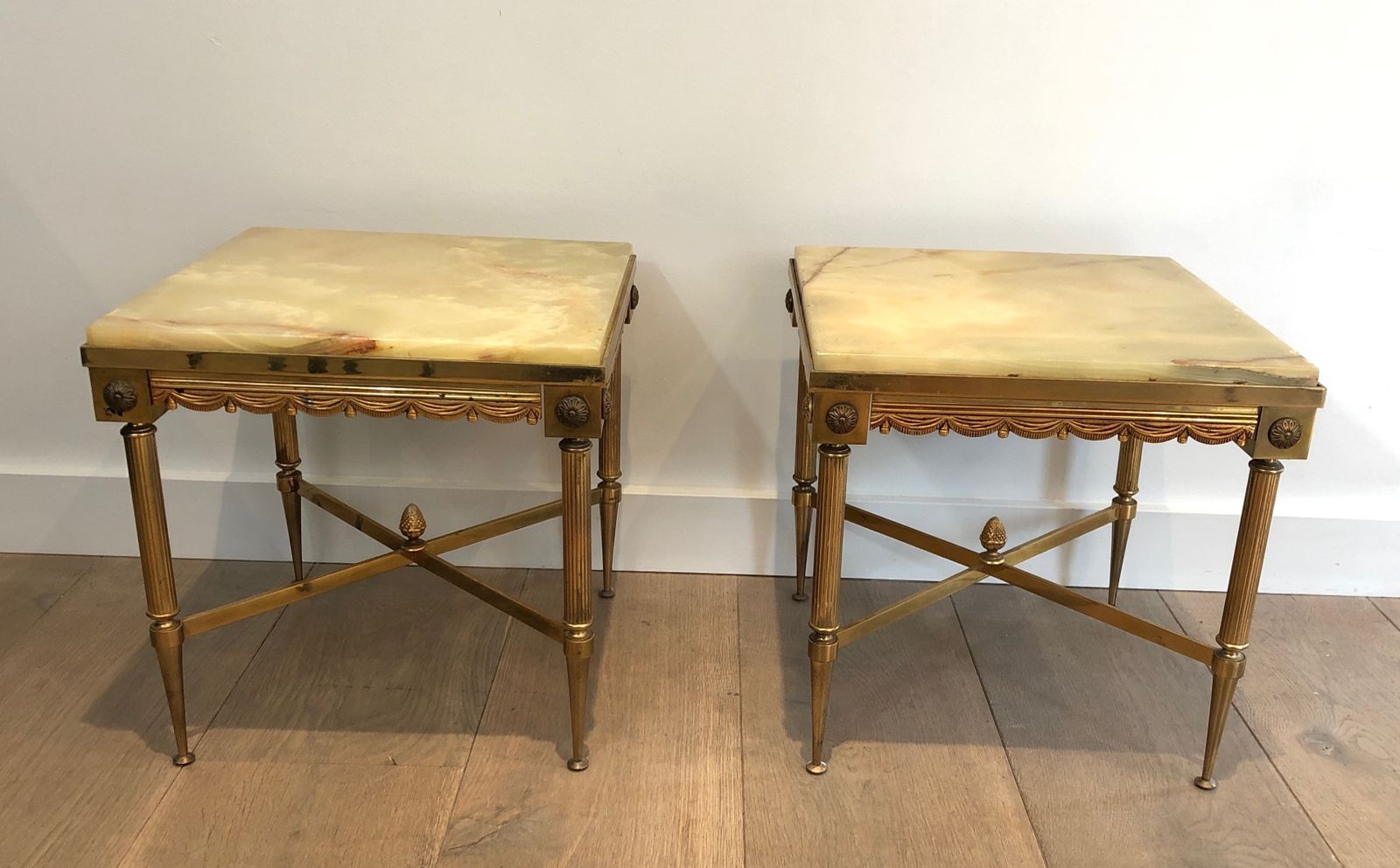 Pair Of Neoclassical Style Square End Tables In Brass And Onyx Top In The Style Of Maison Jansen