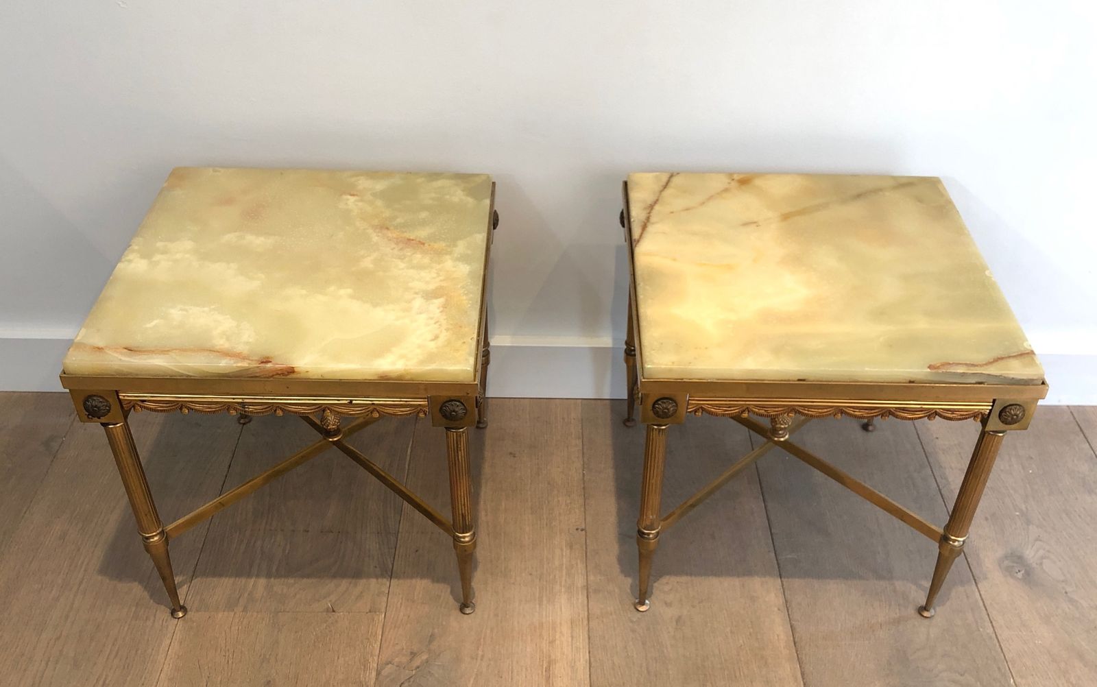 Pair Of Neoclassical Style Square End Tables In Brass And Onyx Top In The Style Of Maison Jansen photo vinterior