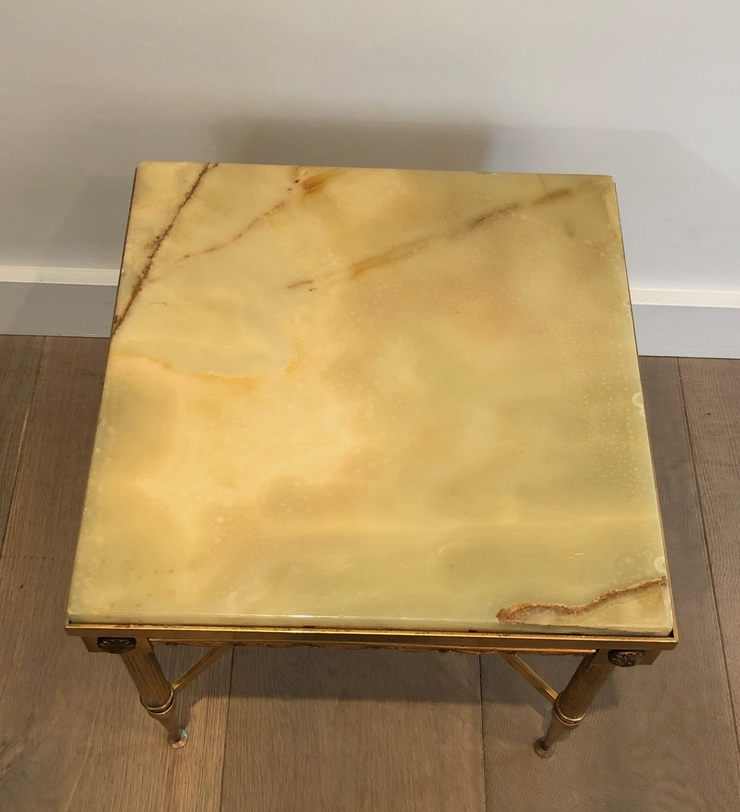 photo for sale Pair Of Neoclassical Style Square End Tables In Brass And Onyx Top In The Style Of Maison Jansen