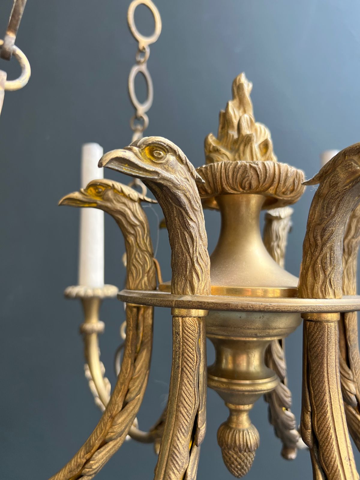 Empire Style Bronze Chandelier With Golden Eagle Heads And Flame photo vintage