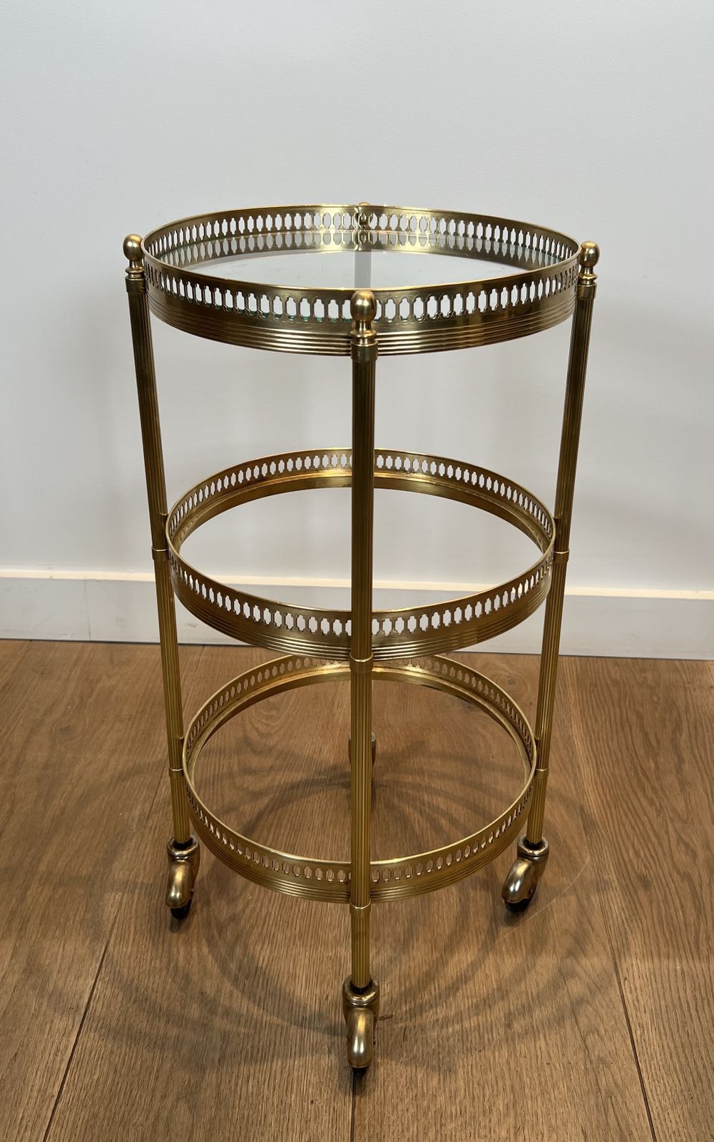 photo vintage Pair Of Round Rolling Tables With Removable Top Trays From Maison Jansen