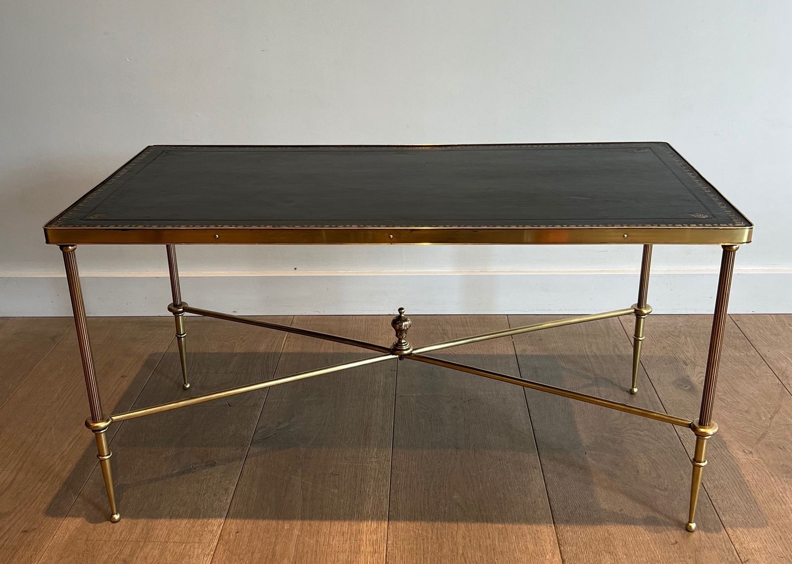 Neoclassical Style Brass Coffee Table With Black Leather Top And Gold Trim From Maison Jansen