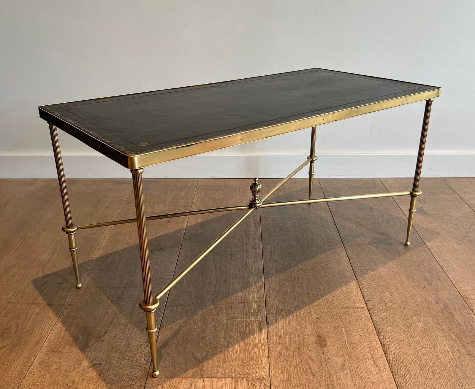 Neoclassical Style Brass Coffee Table With Black Leather Top And Gold Trim From Maison Jansen photo furniture