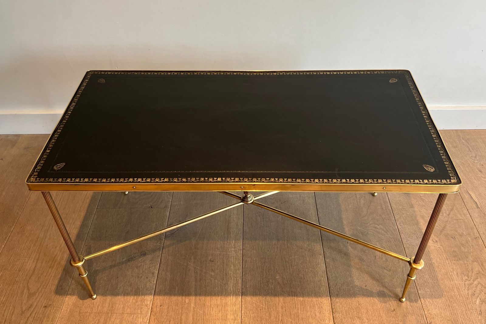 Neoclassical Style Brass Coffee Table With Black Leather Top And Gold Trim From Maison Jansen photo for sale