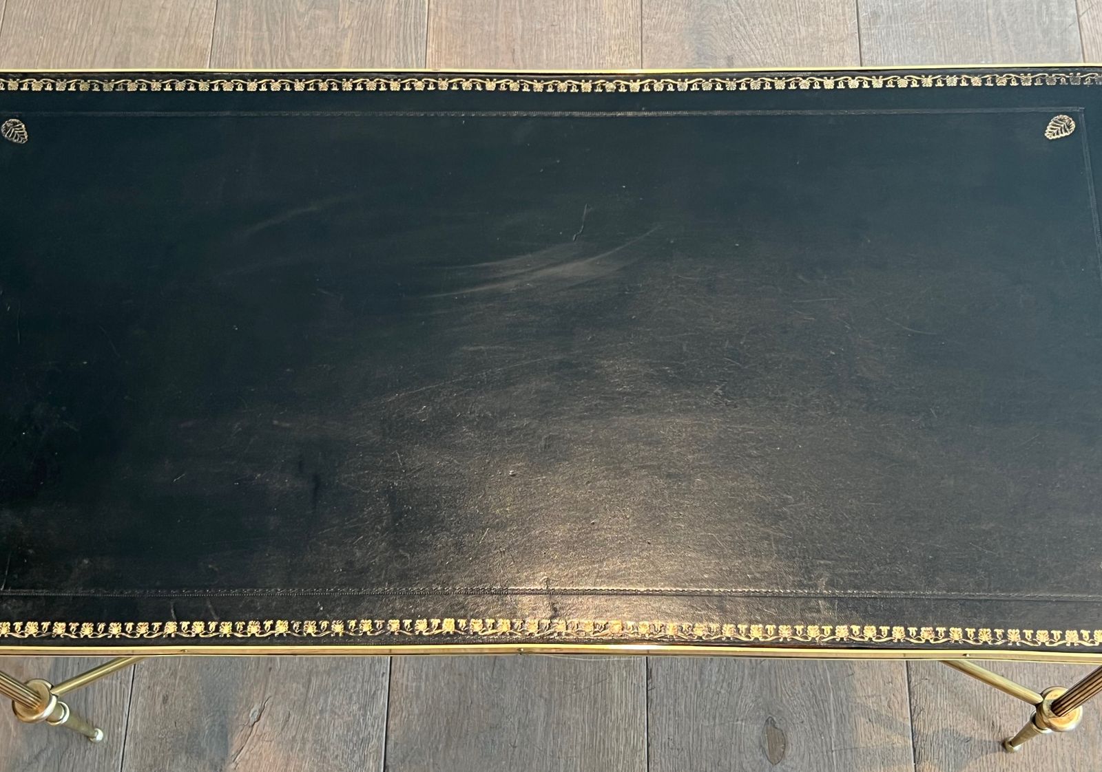 Neoclassical Style Brass Coffee Table With Black Leather Top And Gold Trim From Maison Jansen photo buy