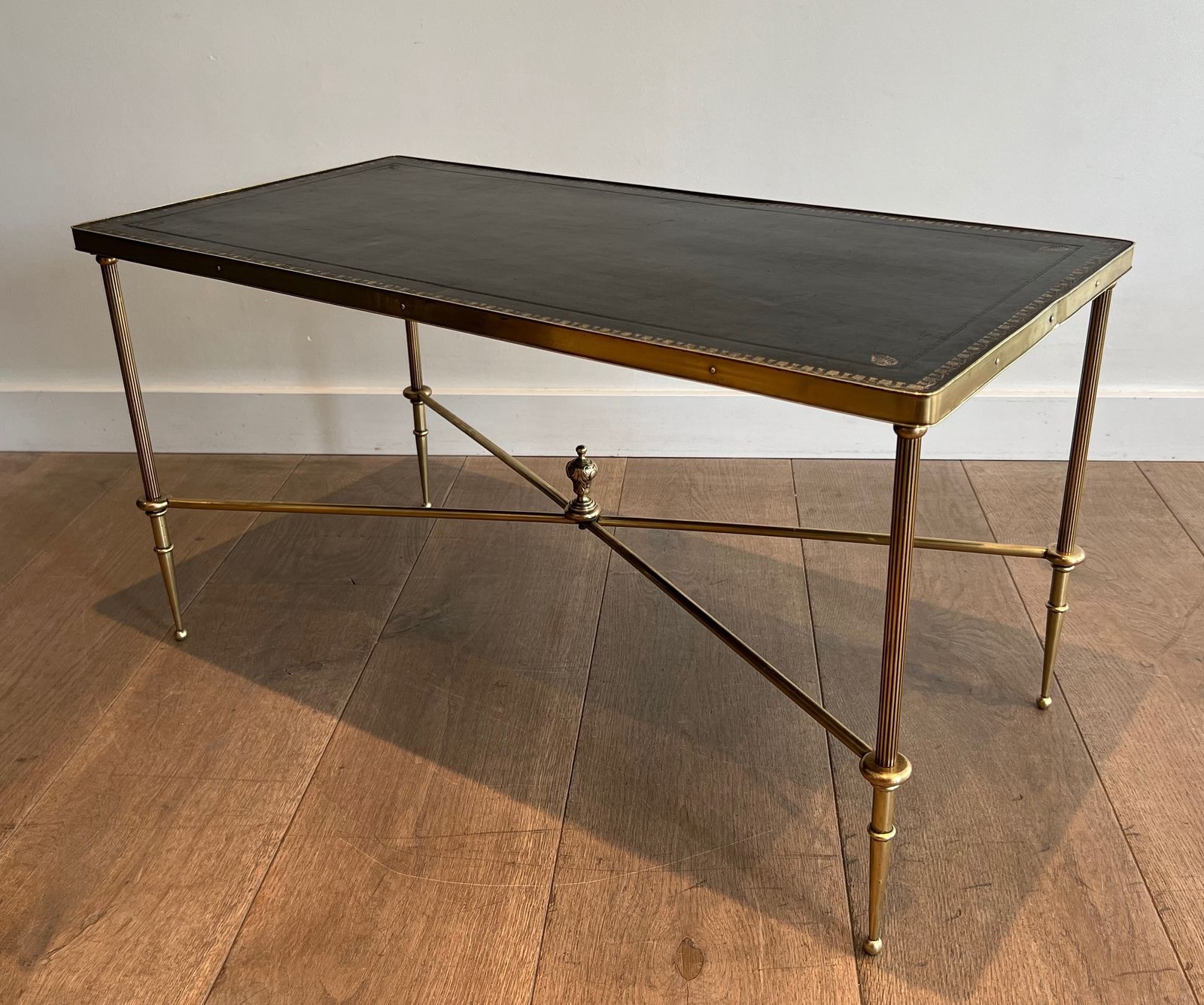 2850.0 Neoclassical Style Brass Coffee Table With Black Leather Top And Gold Trim From Maison Jansen photo