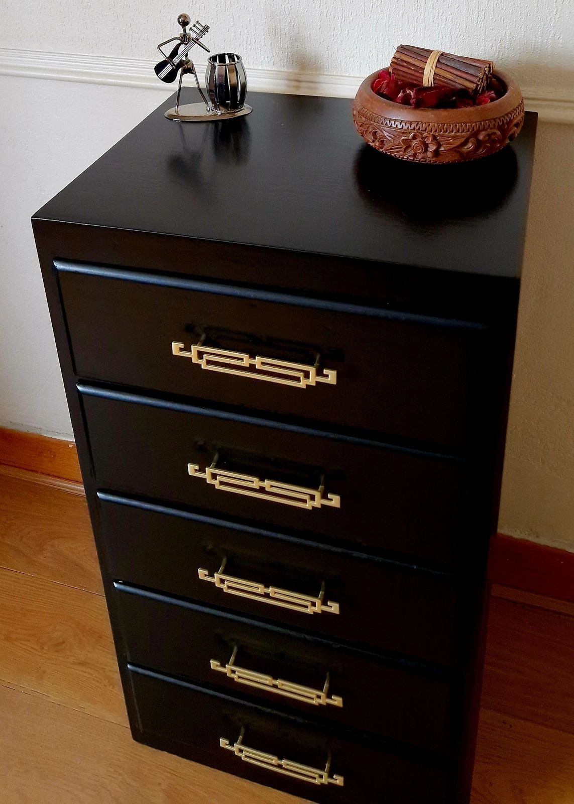 photo for sale Chest Of Drawers Bedside Table   Restored 1950s Black & Gold 5 Drawer Vintage With Modern Touch