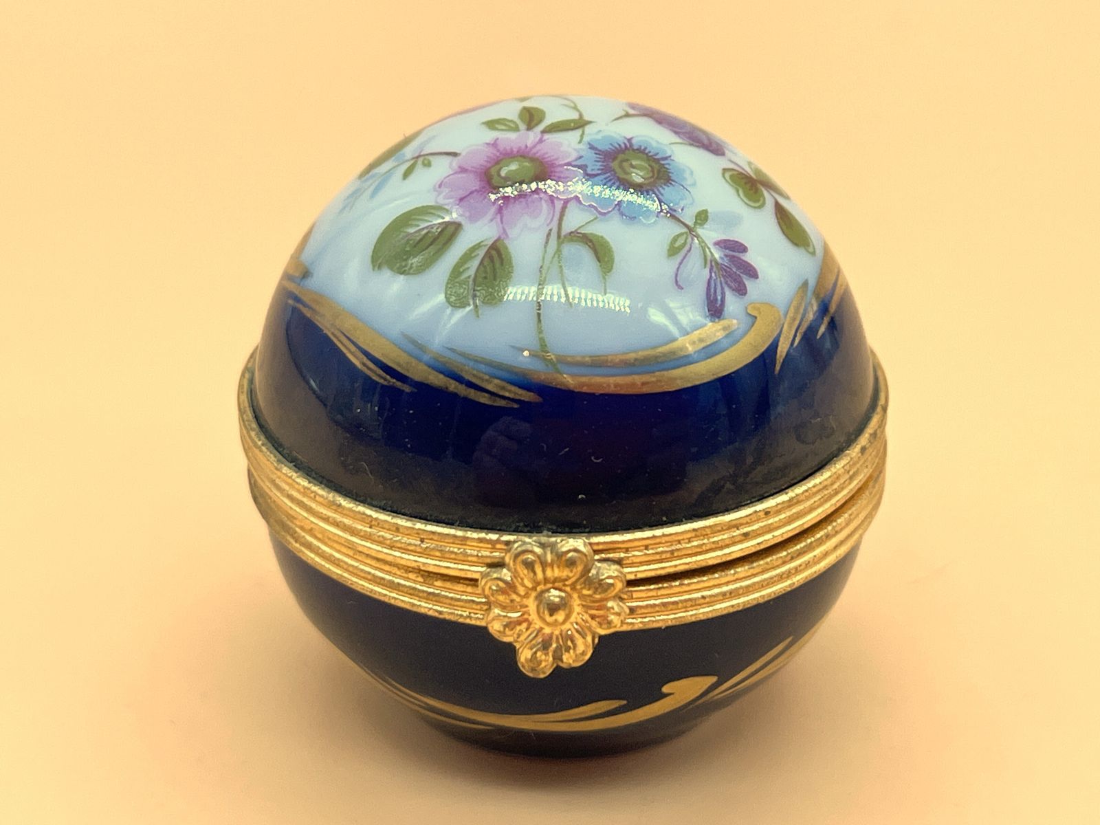 Limoges Porcelain France Small Floral Spherical Box With Internal Glass Perfume Bottle. photo buy