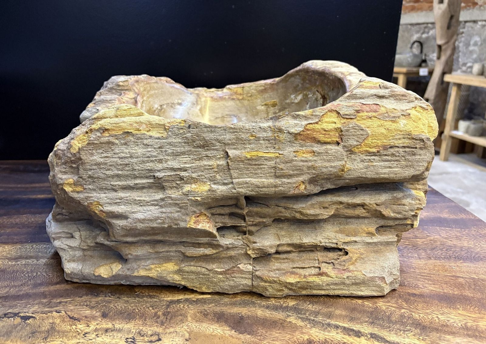 Modern Organic Petrified Wood Single Sink, Grey/ Brown & Yellow Tones, Idn 2024 photo for sale