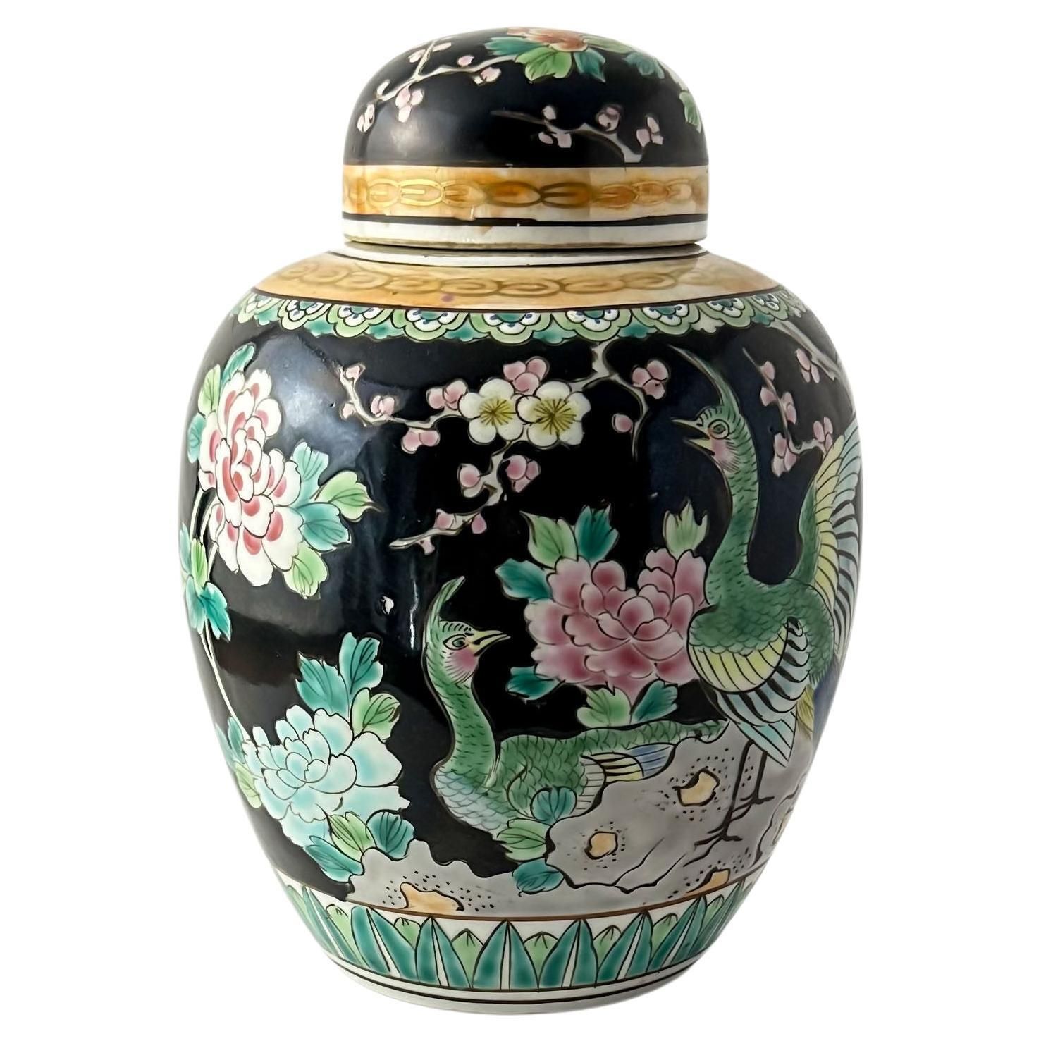 Japanese Black Polychromed Porcelain Ginger Jar By Yamatoku Meiji Era