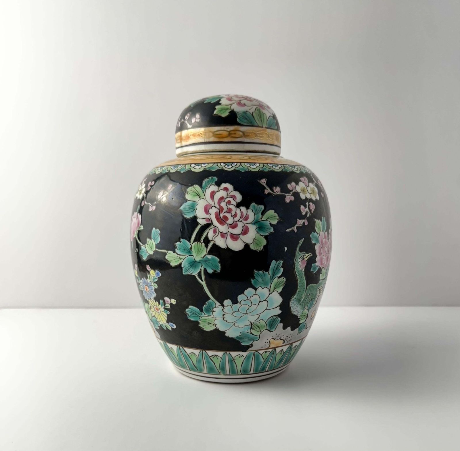 Japanese Black Polychromed Porcelain Ginger Jar By Yamatoku Meiji Era photo for sale