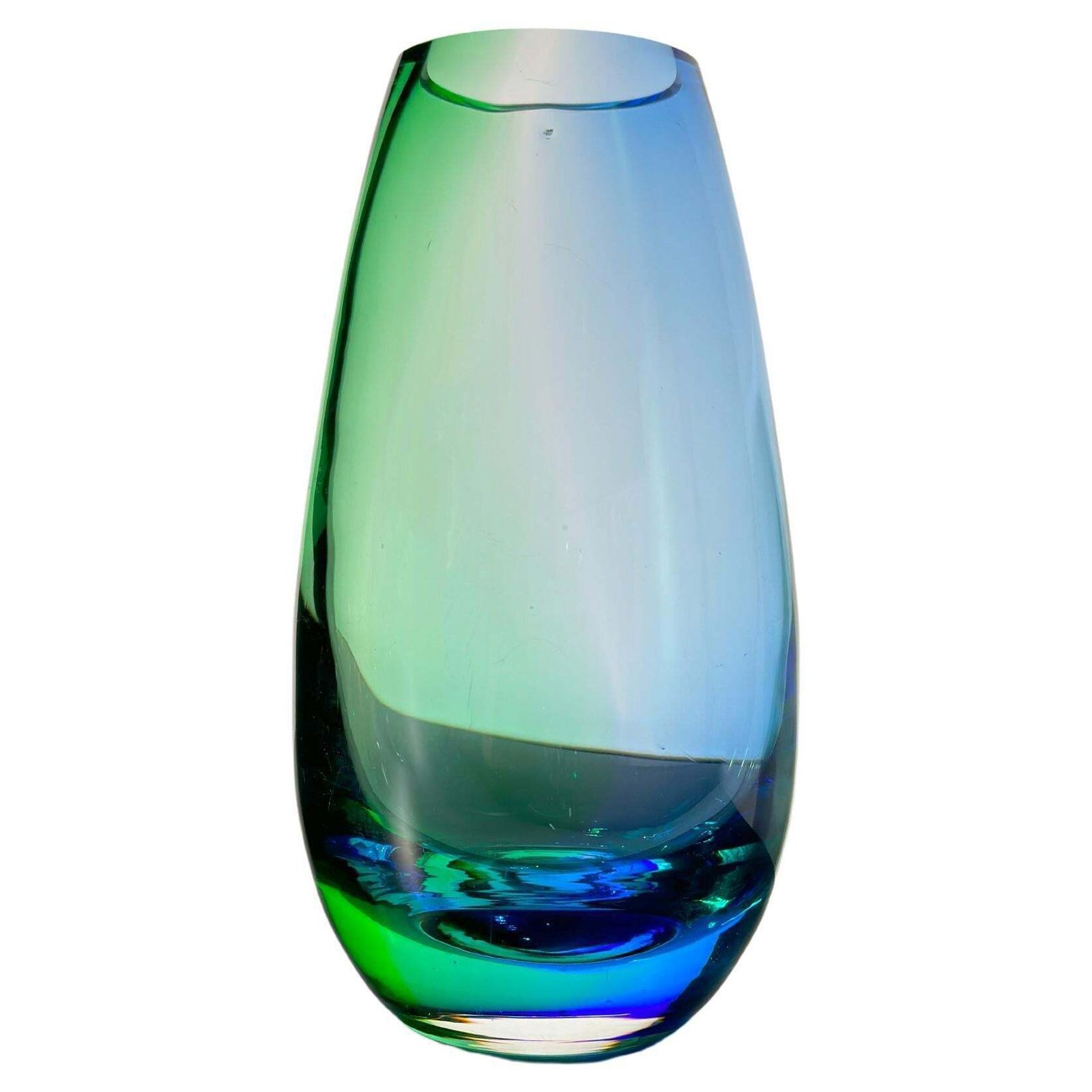 1990's Teardrop Vase, In Blue And Green Art Glass, Aurora Borealis Style