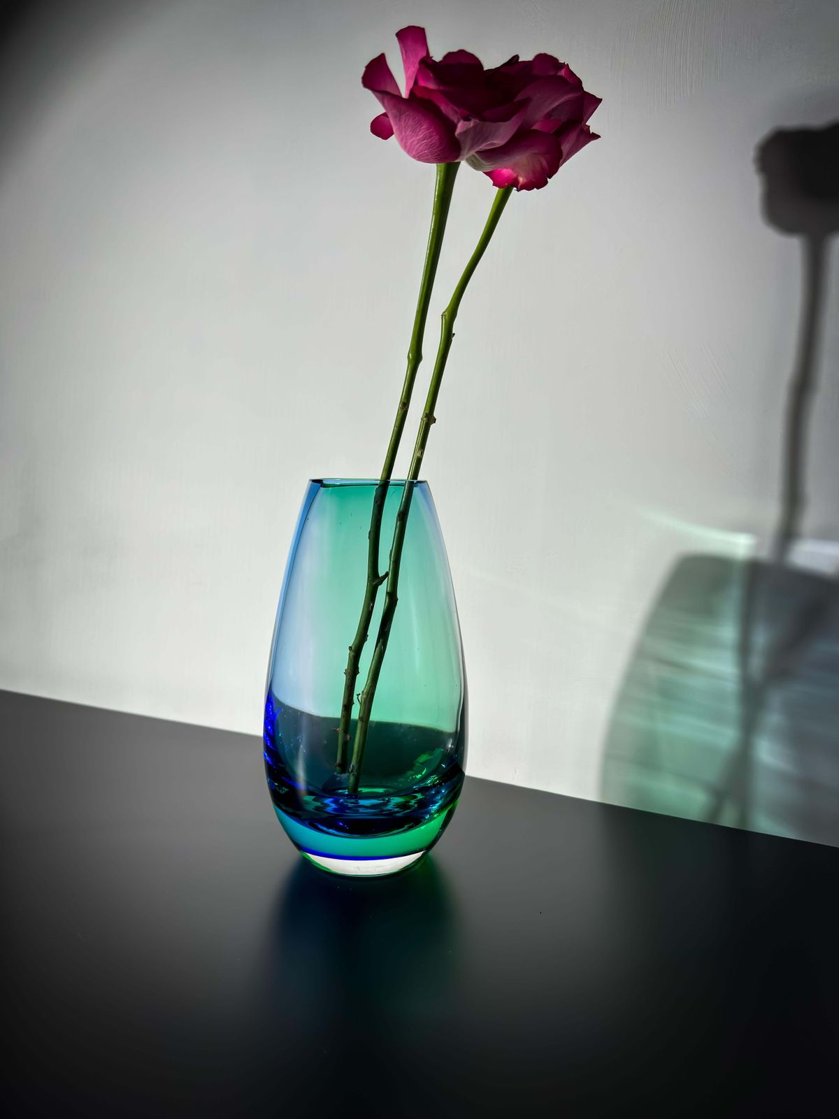 1990's Teardrop Vase, In Blue And Green Art Glass, Aurora Borealis Style photo for sale