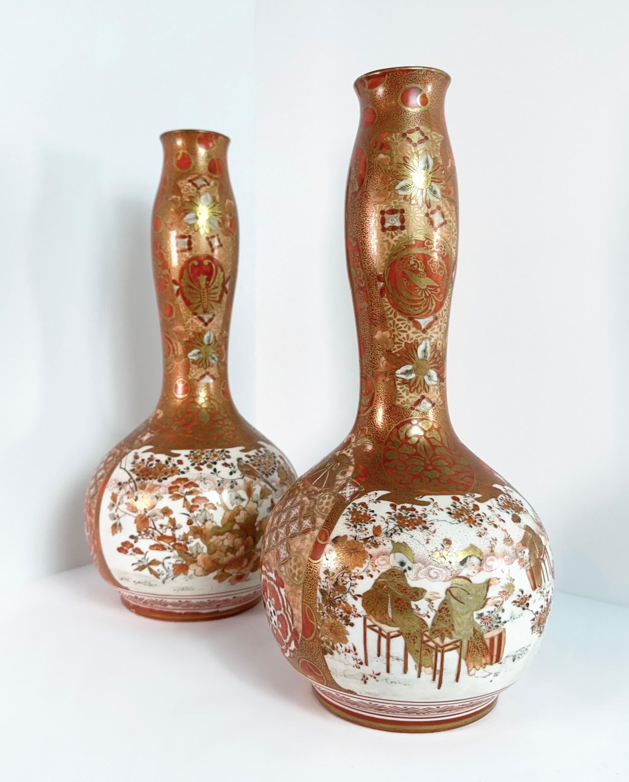 Japanese Kutani Gourd Vase, Late Meiji Period, Matching Pair photo furniture