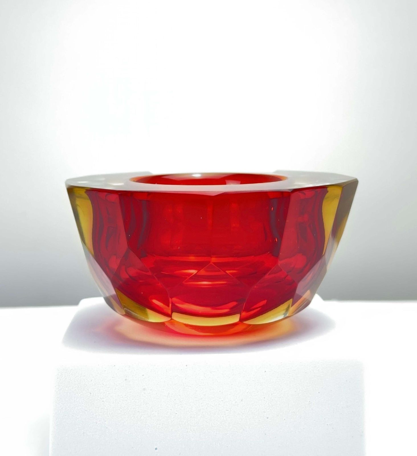Murano Glass Red And Yellow Faceted Sommerso Geode Bowl photo Home Decor